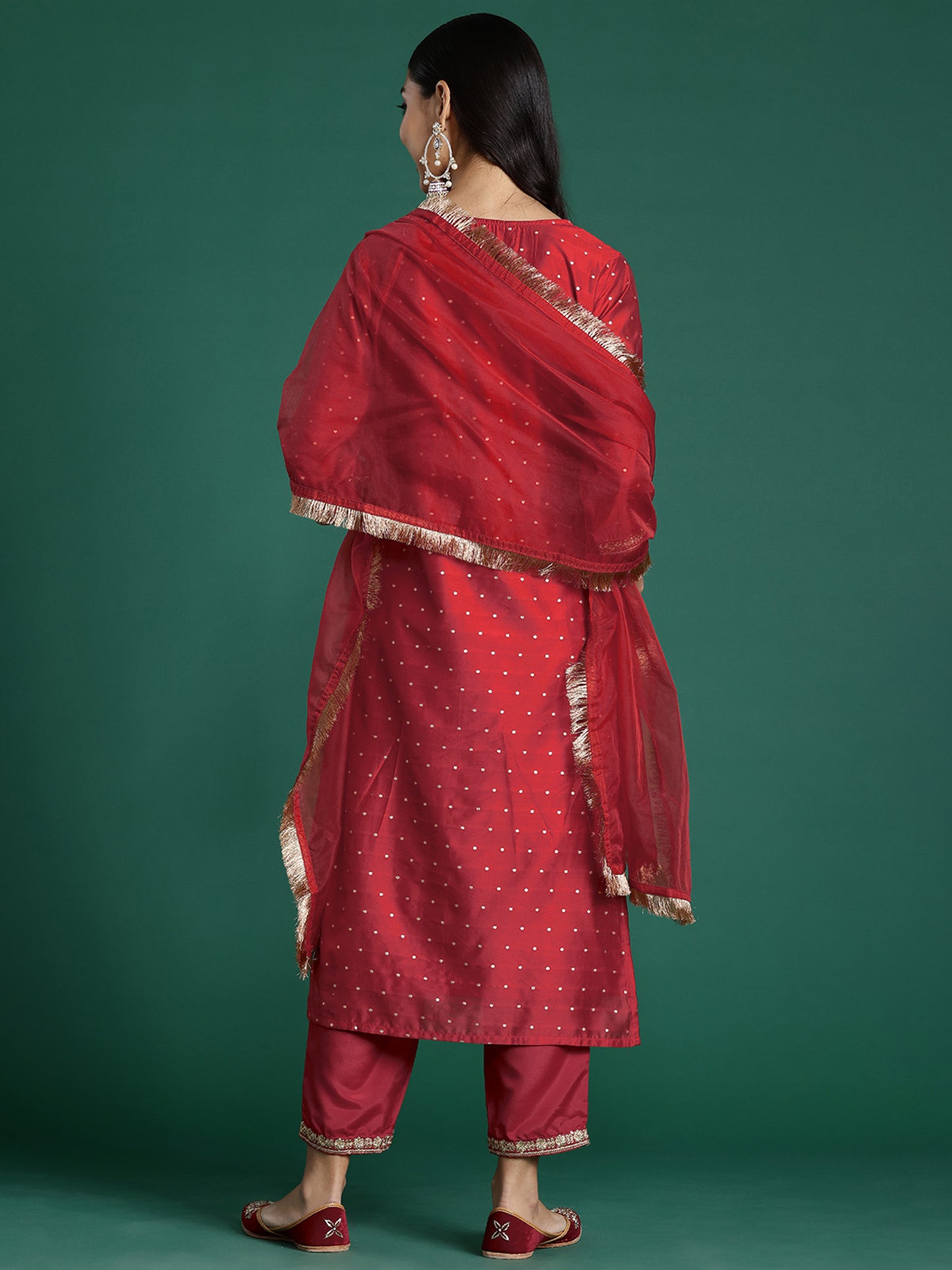 IE Red Embroidered Straight Kurta Trousers With Dupatta set