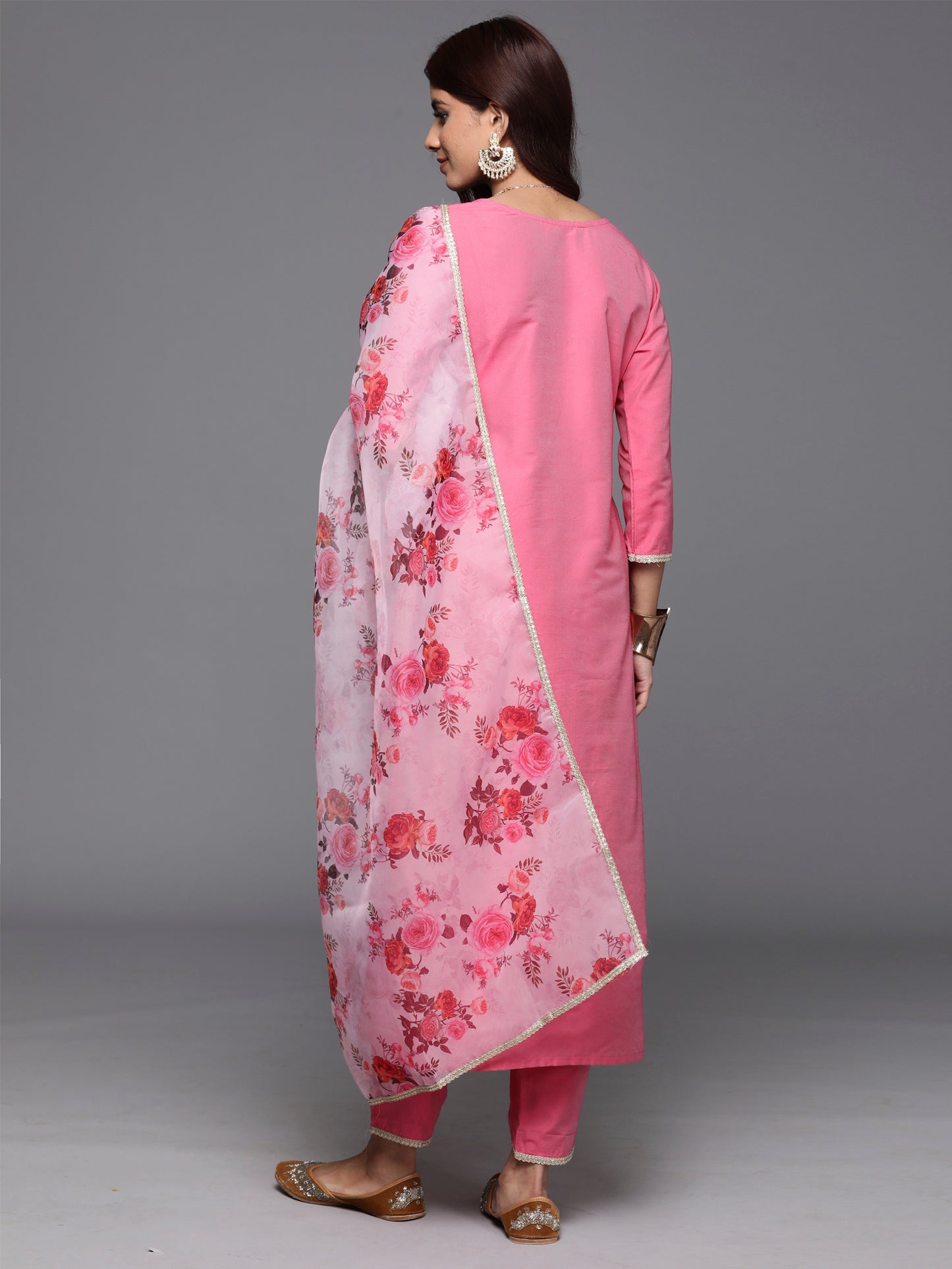 IE Pink Embroidered Straight Kurta Trousers With Dupatta Set