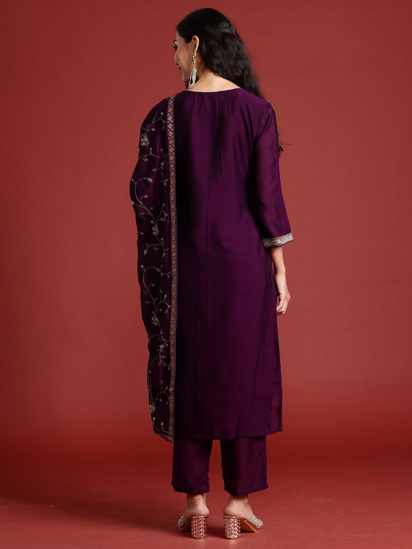 IE Purple Embroidered Straight Kurta Trousers With Dupatta set