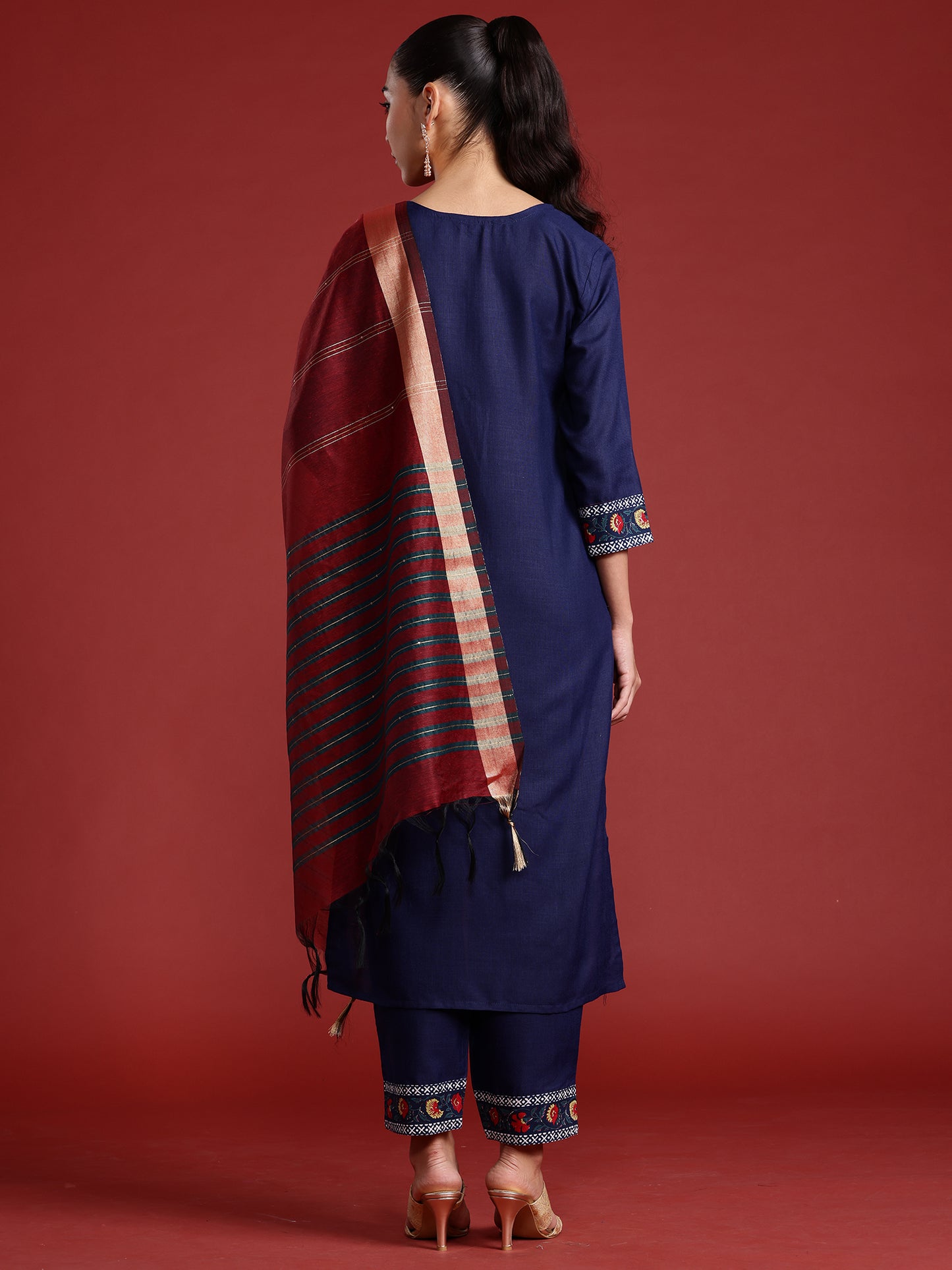 IE Navy Blue Yoke Design Straight Kurta Trousers With Dupatta Set