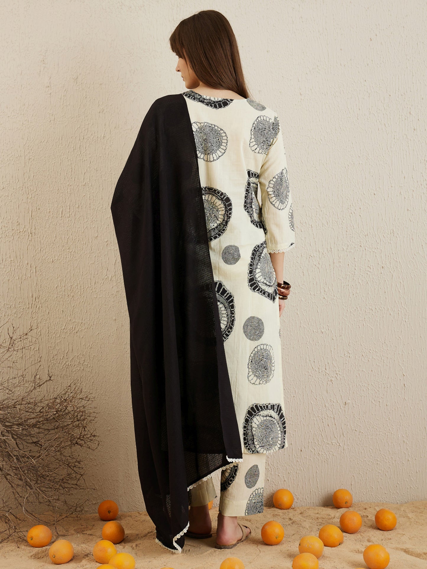 IE Cream Printed Straight Kurta Trousers With Dupatta set