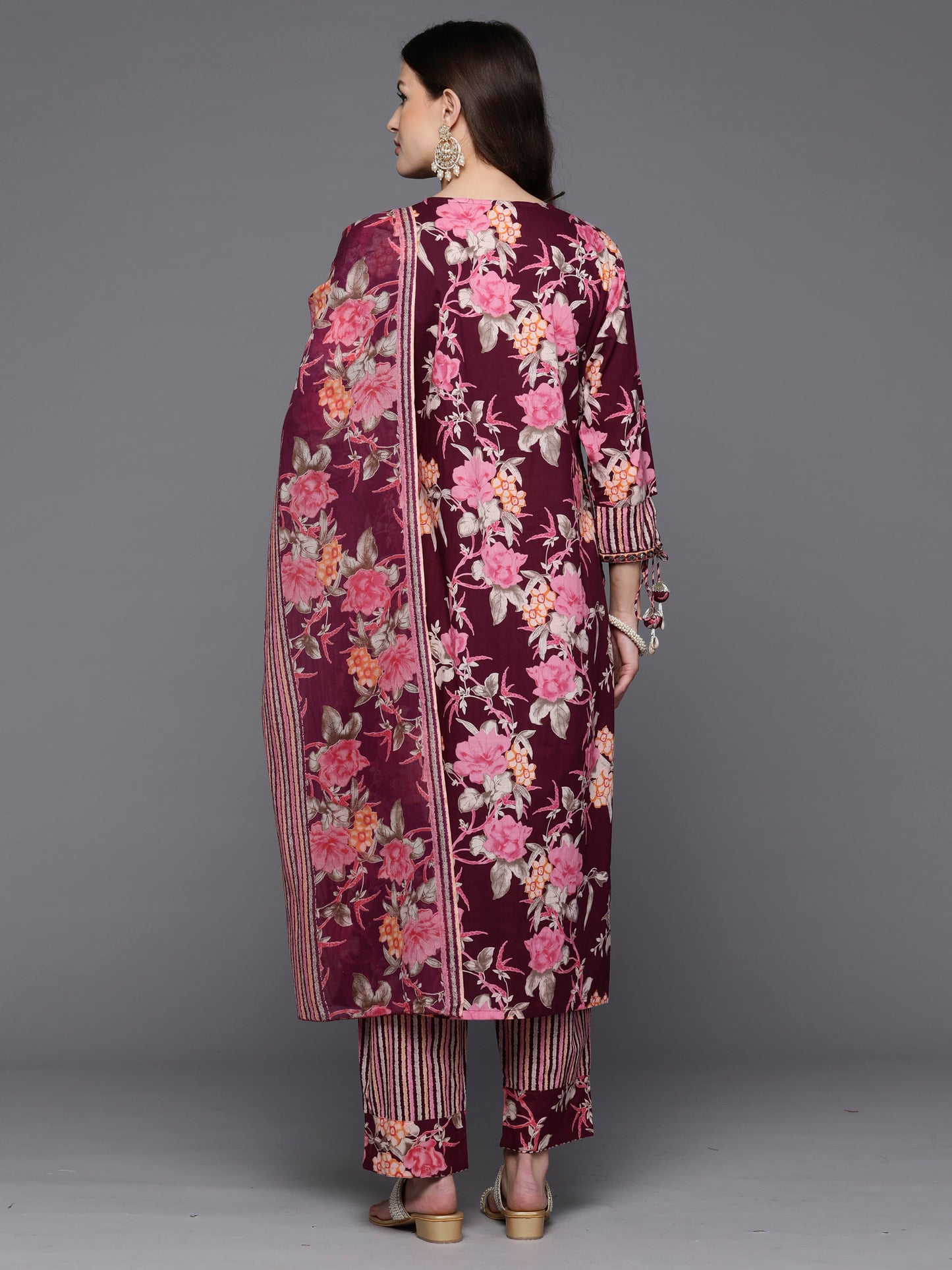 IE Burgundy Printed Straight Kurta Trousers With Dupatta Set