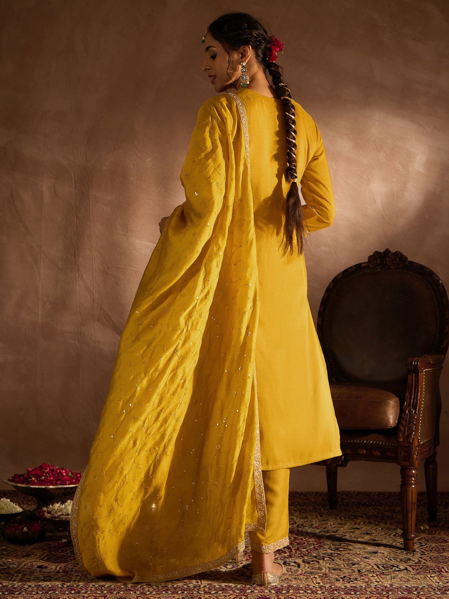 IE Yellow Embroidered Straight Kurta Trousers With Dupatta set