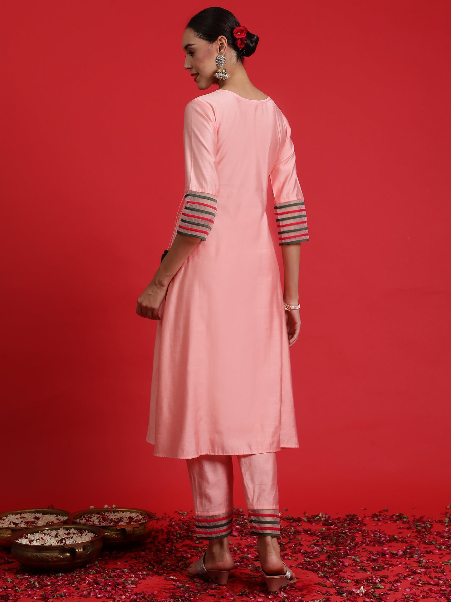 IE Pink Embroidered A-Line Kurta Trousers Set