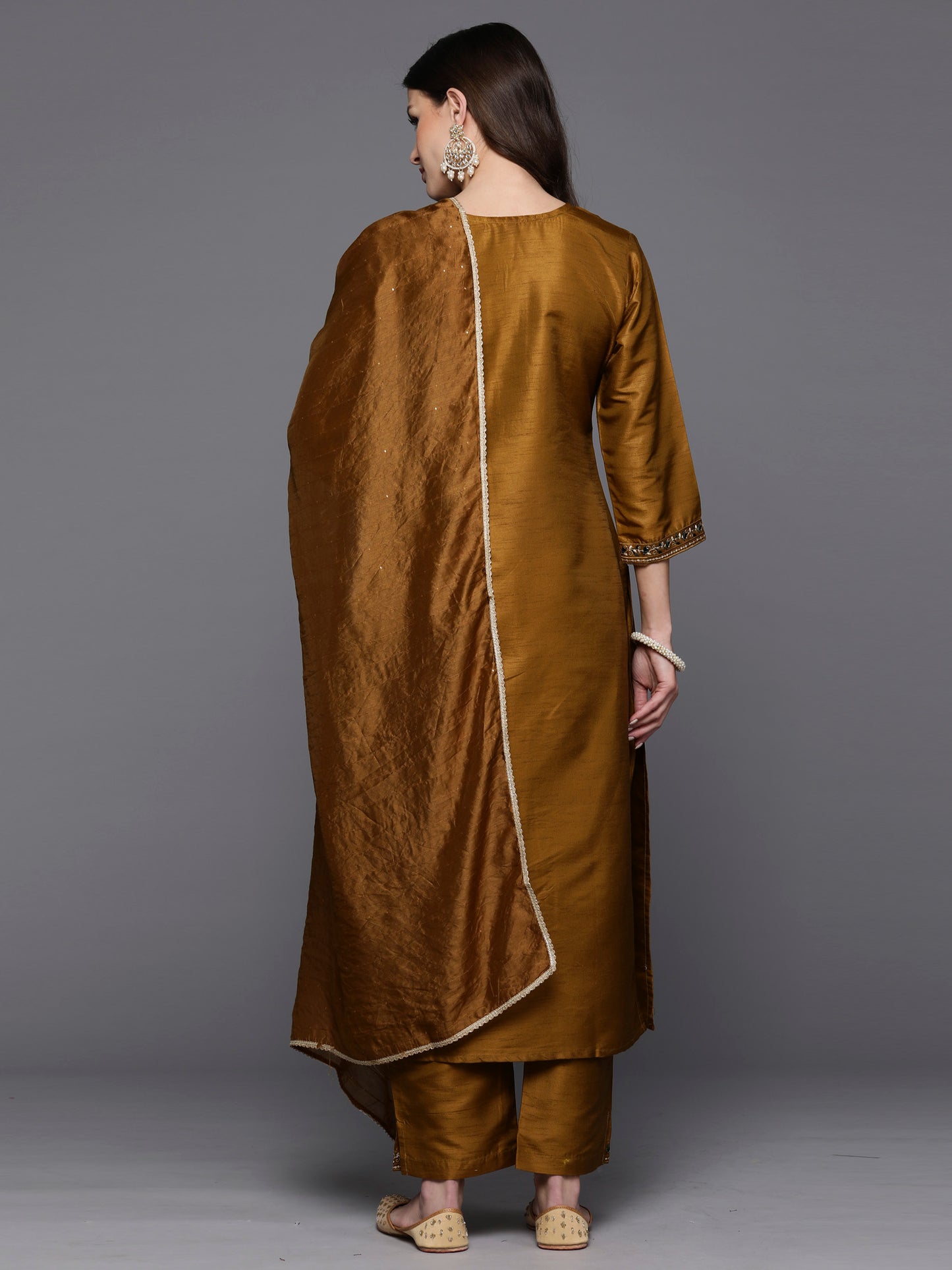 IE Mustard Embroidered Straight Kurta Trousers With Dupatta Set