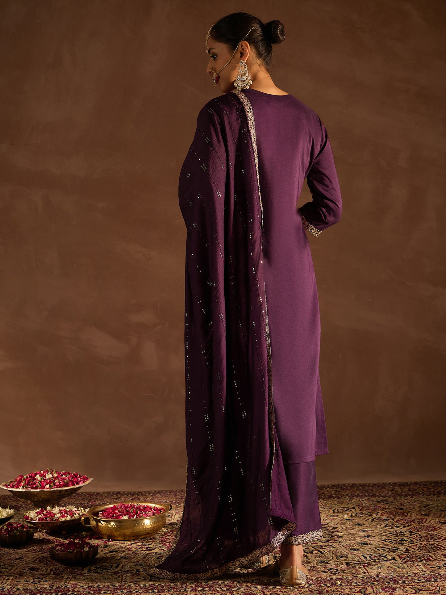 IE Burgundy Embroidered Straight Kurta Trousers With Dupatta set