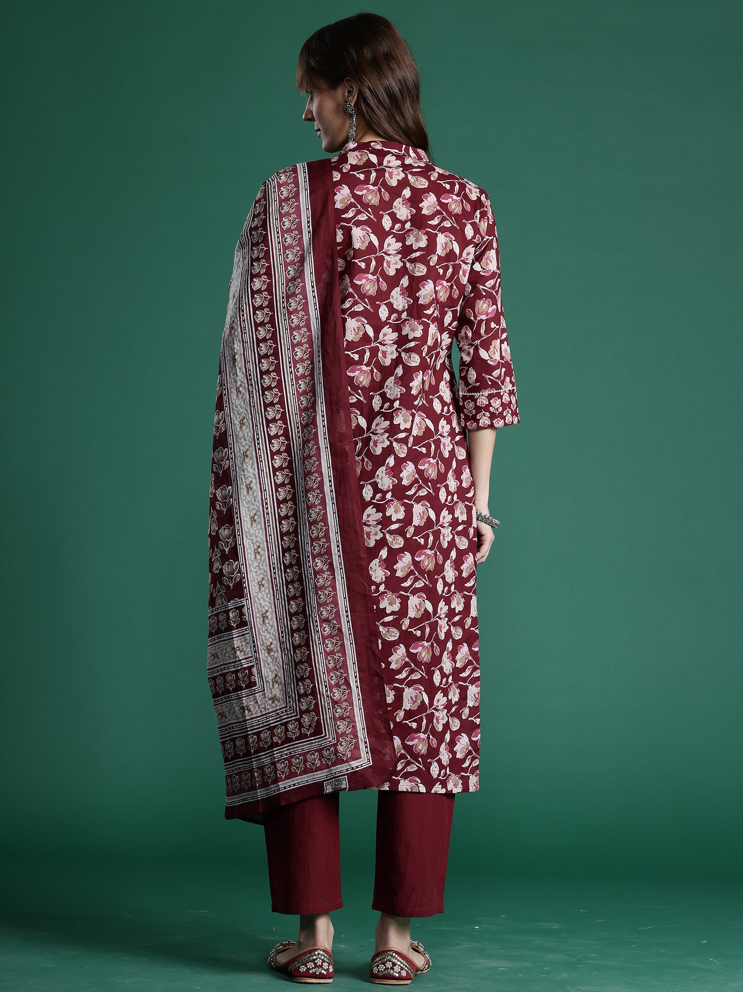 IE Maroon Printed Straight Kurta Trousers With Dupatta set