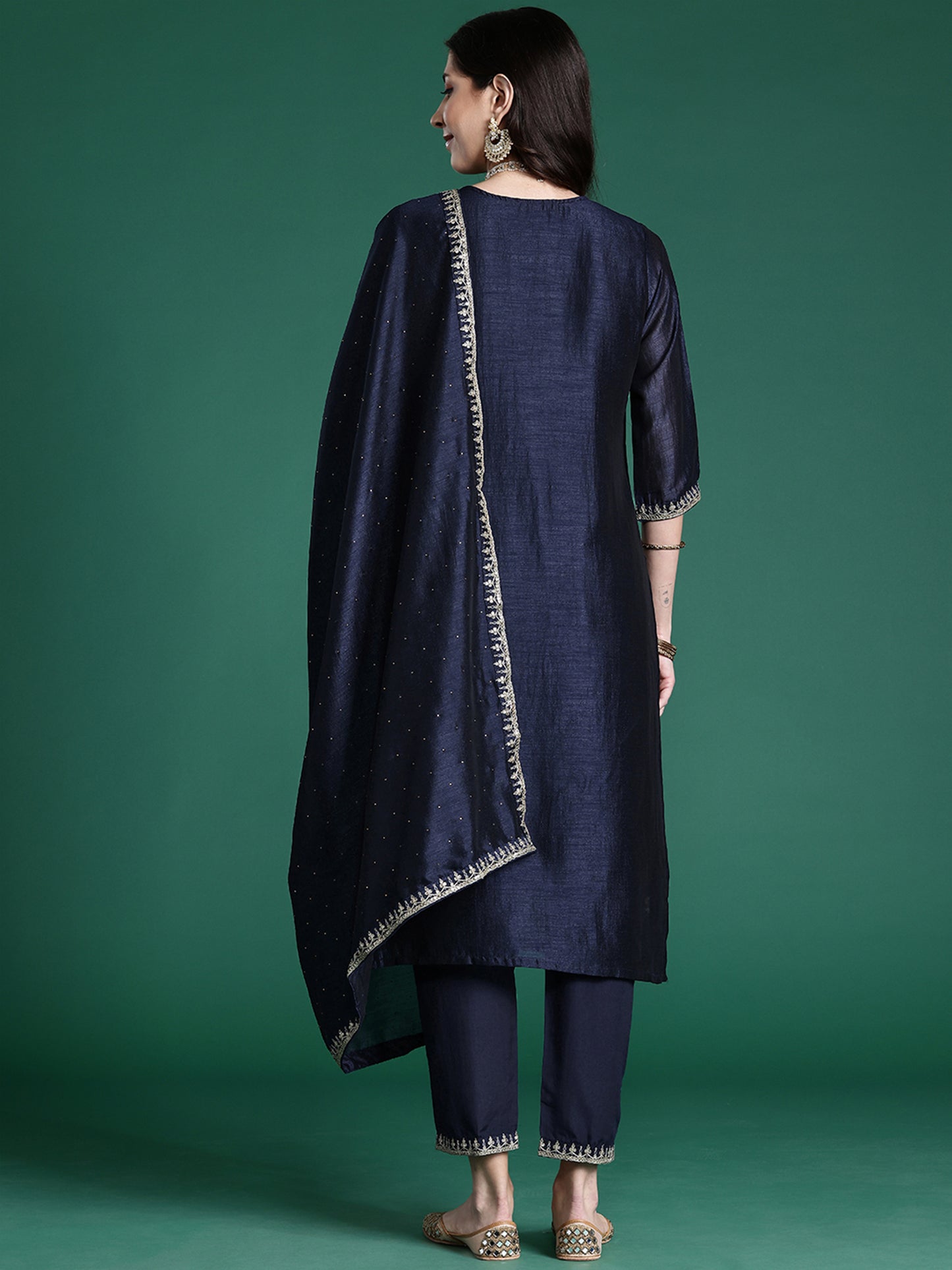 IE Navy Blue Embroidered Straight Kurta Trousers With Dupatta set