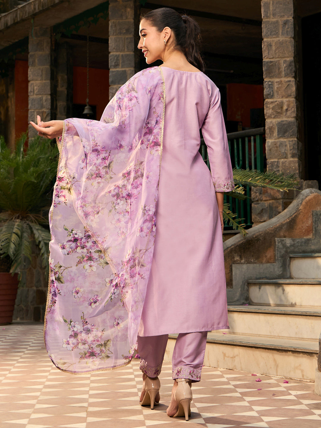 IE Purple Embroidered Straight Kurta Trousers With Dupatta set