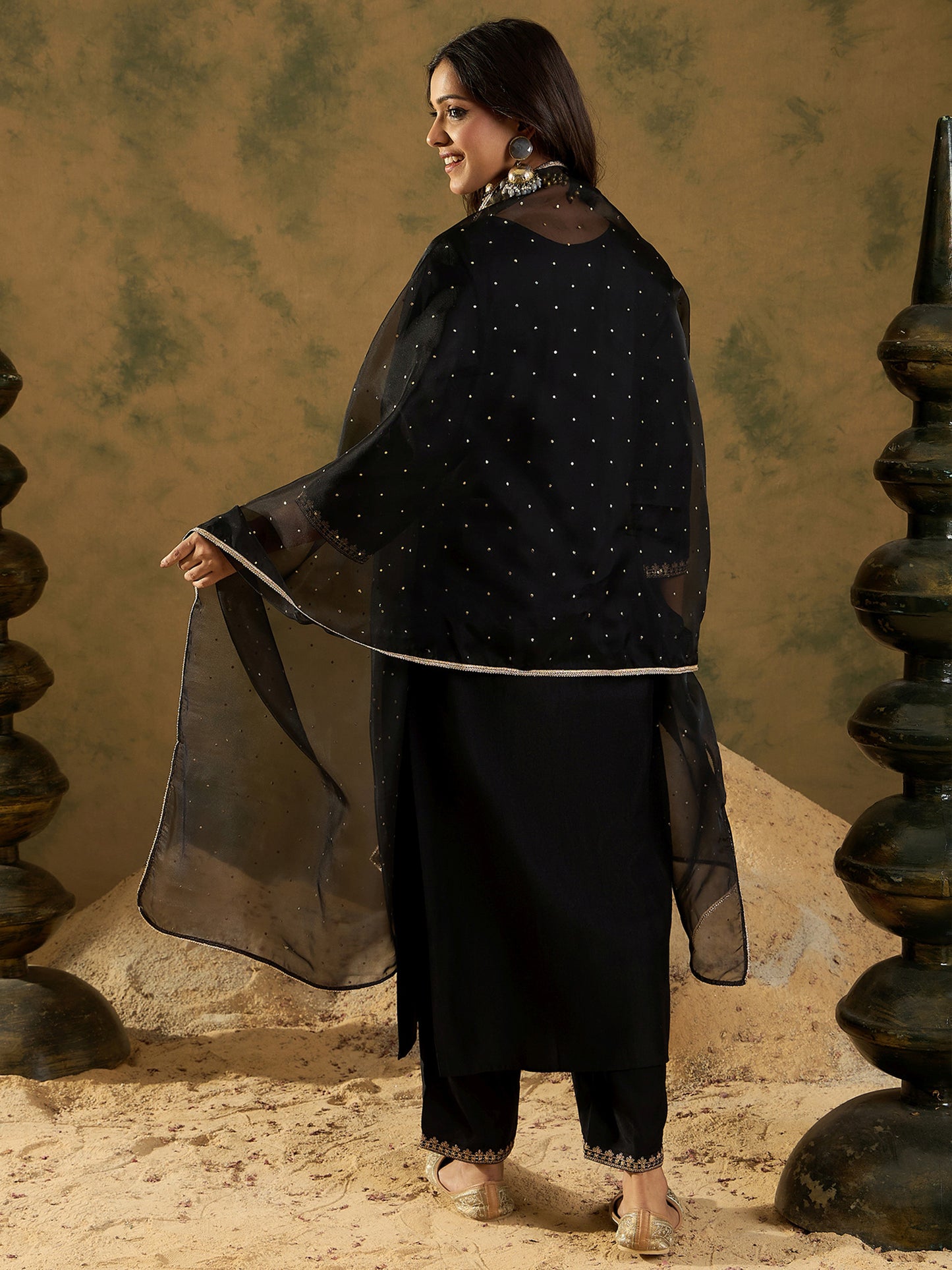 IE Black Embroidered Straight Kurta Trousers With Dupatta  Set