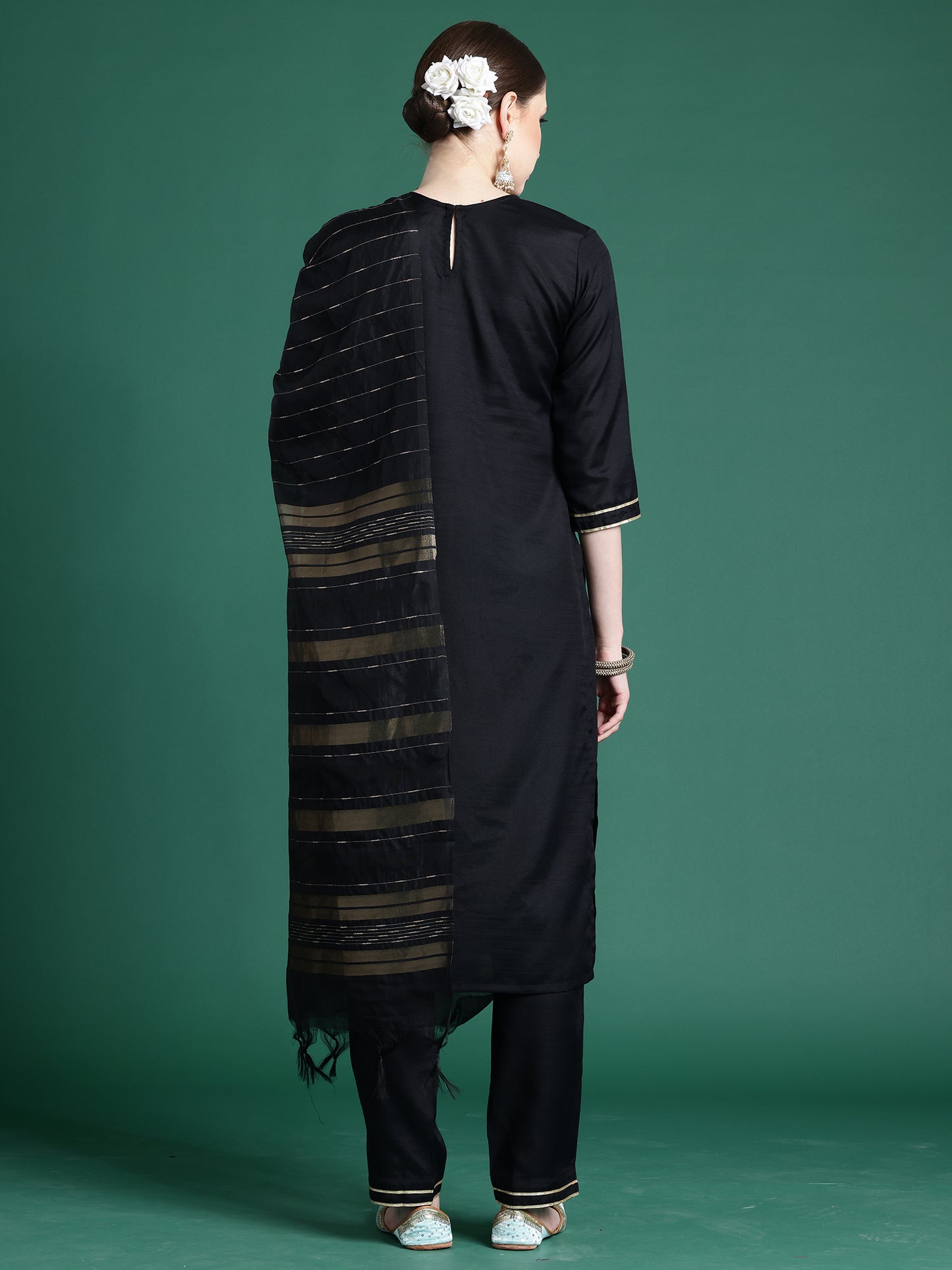 IE Black Self Design Straight Kurta Trousers With Dupatta set