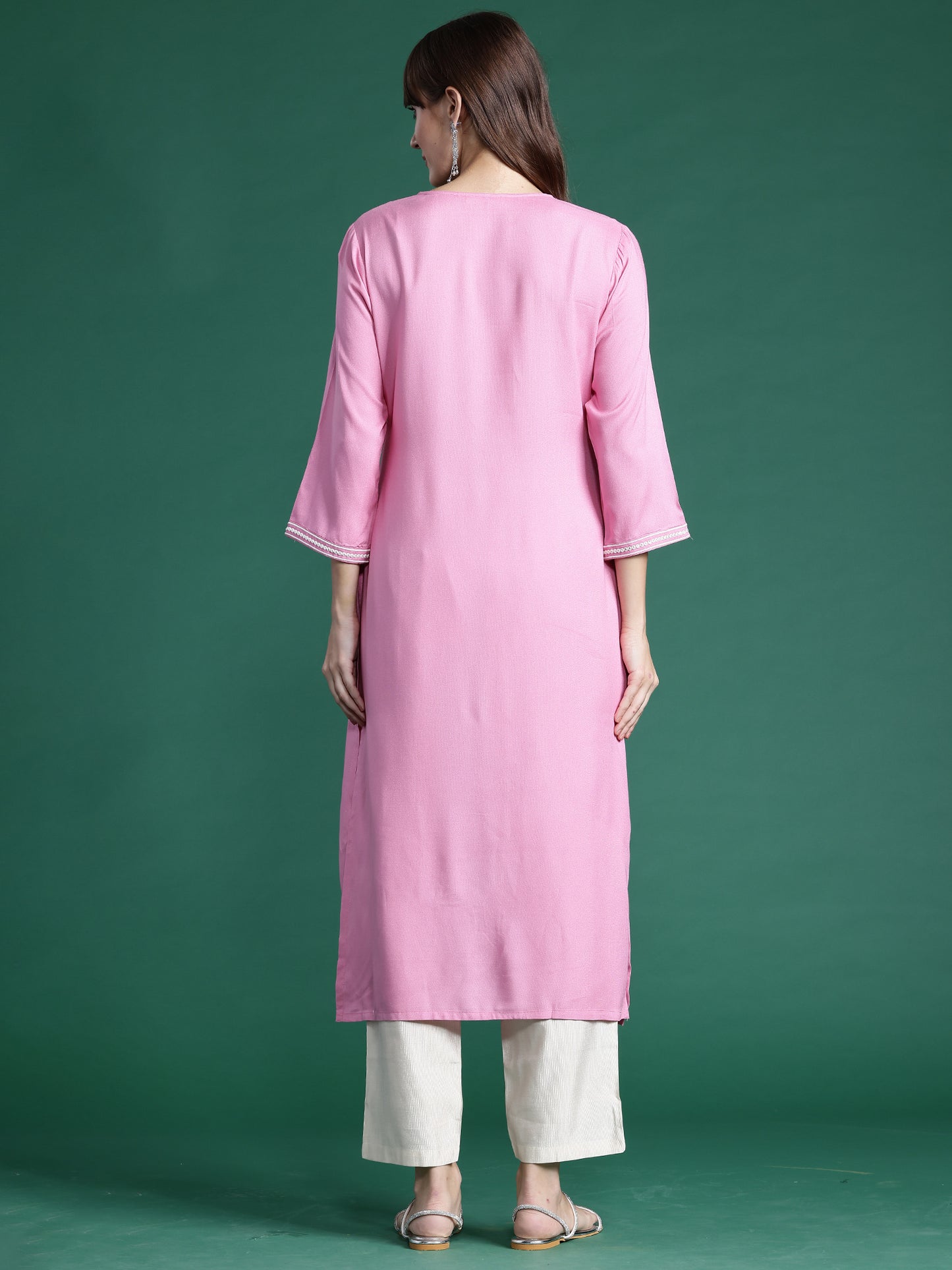 IE Pink Embroidered Straight Kurtas