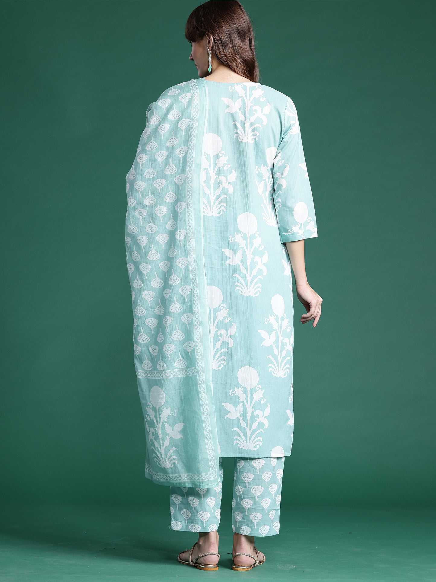 IE Green Printed Straight Kurta Trousers With Dupatta set