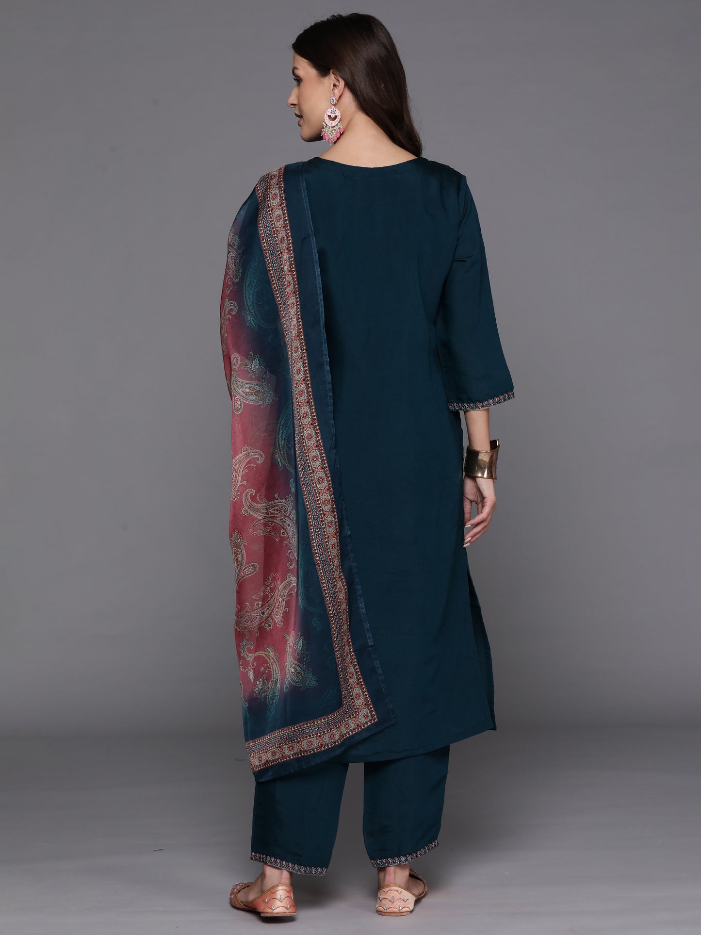 IE Teal Embroidered Straight Kurta Trousers With Dupatta Set