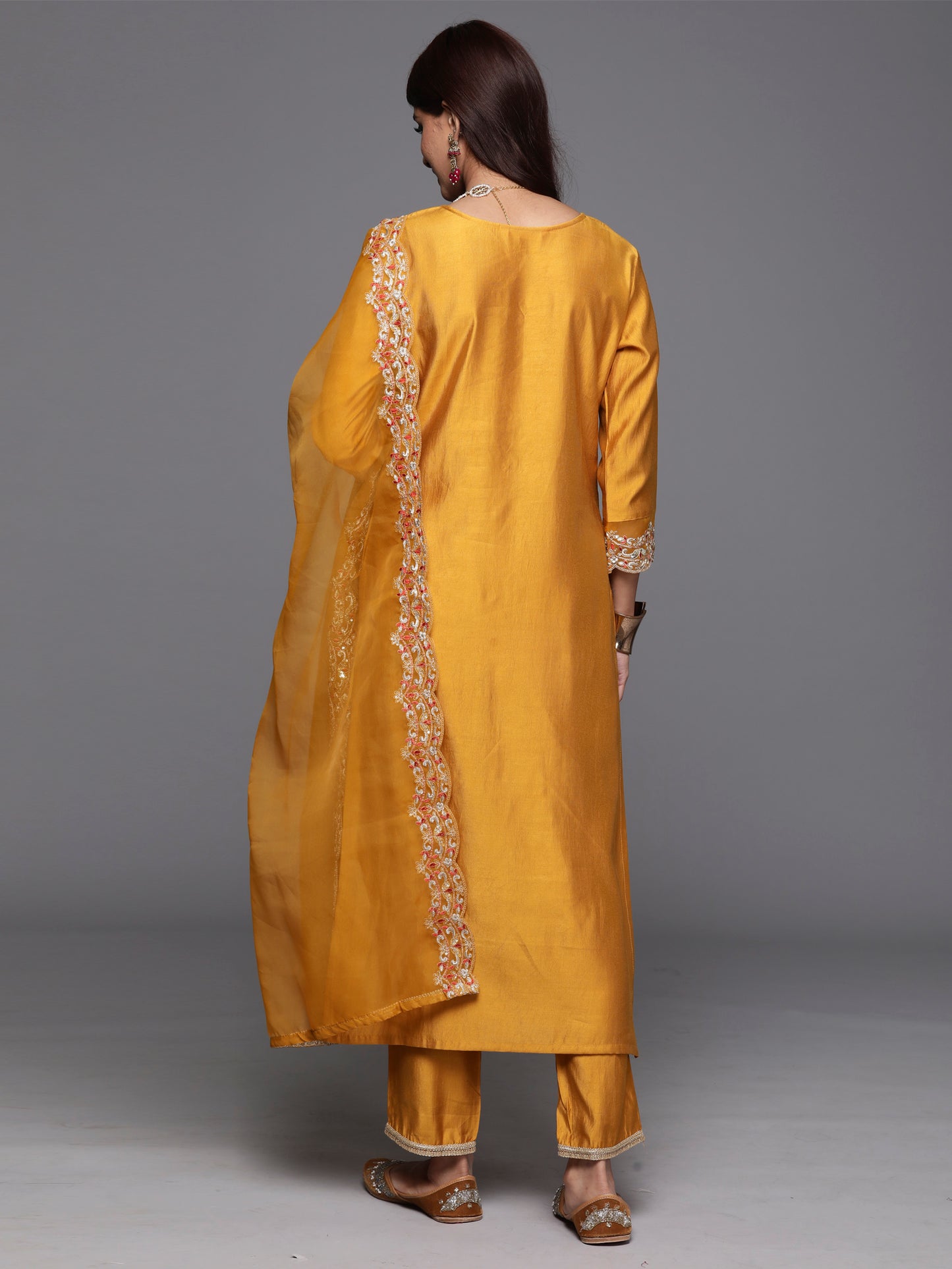 IE Mustard Embroidered Straight Kurta Trousers With Dupatta Set