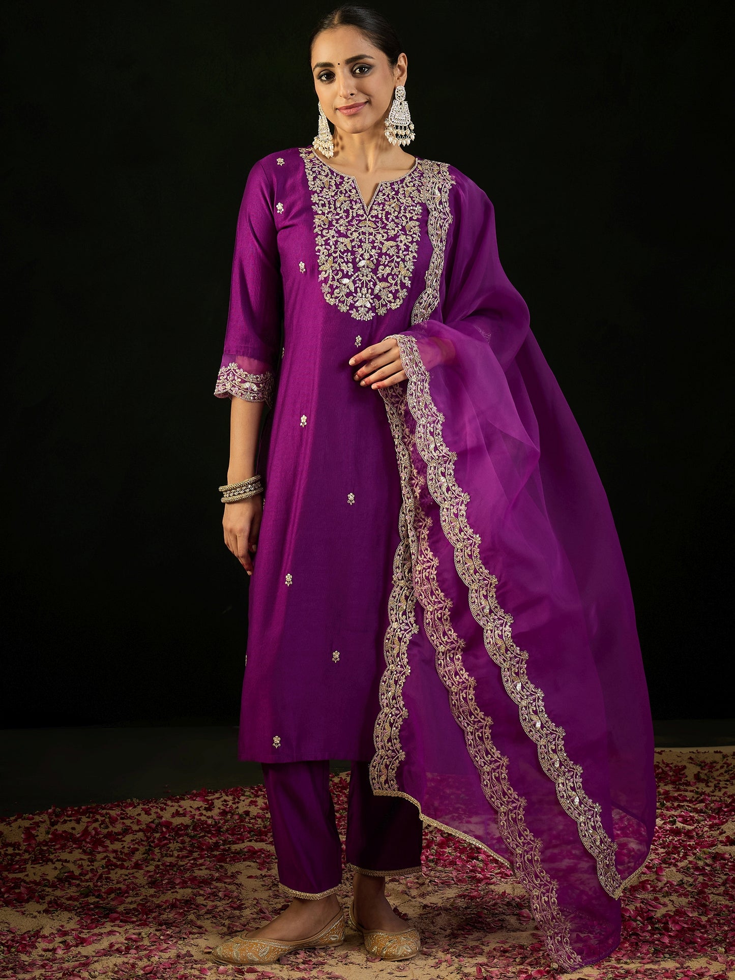 IE Purple Embroidered Straight Kurta Trousers With Dupatta set