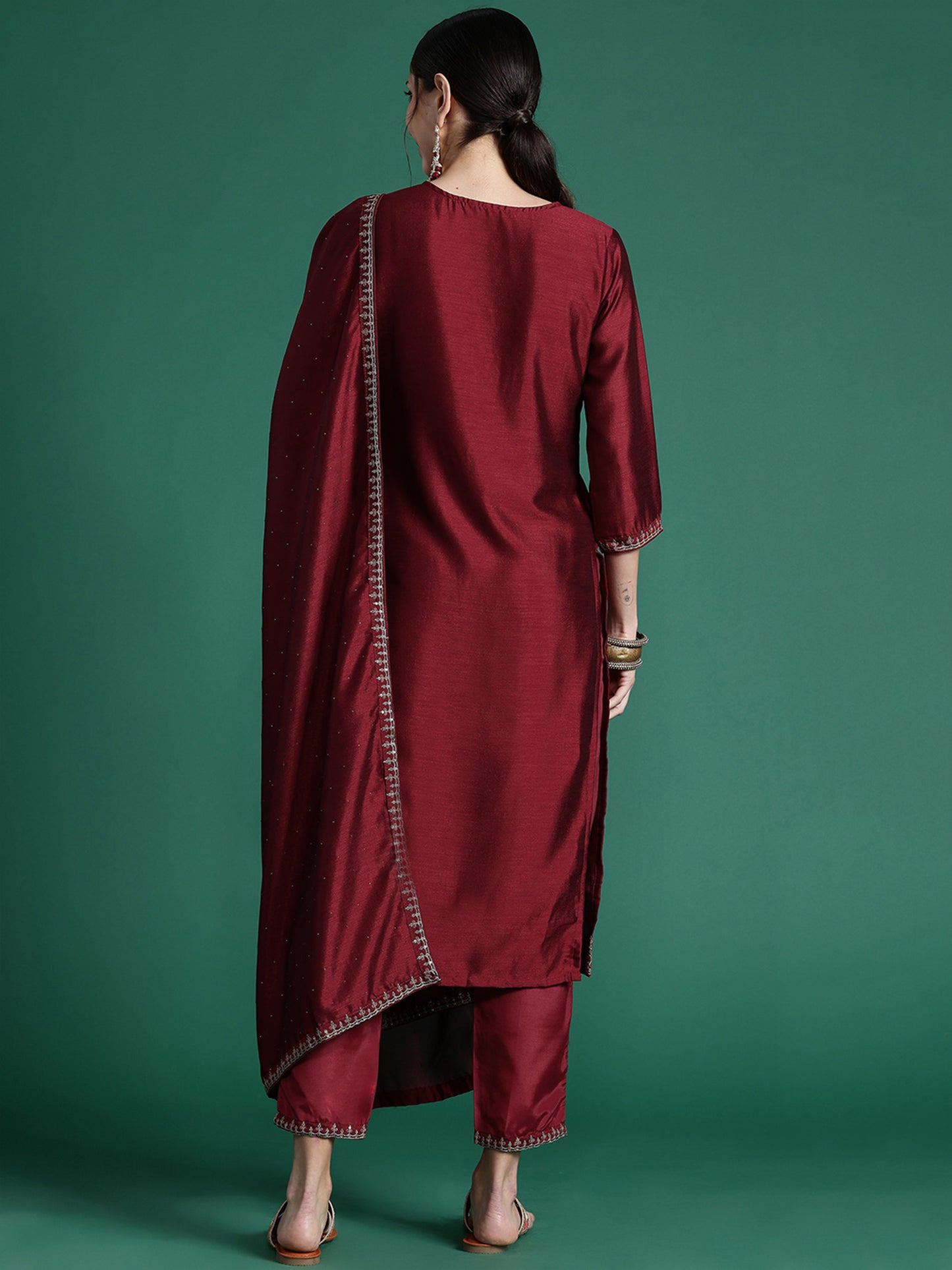 IE Maroon Embroidered Straight Kurta Trousers With Dupatta set