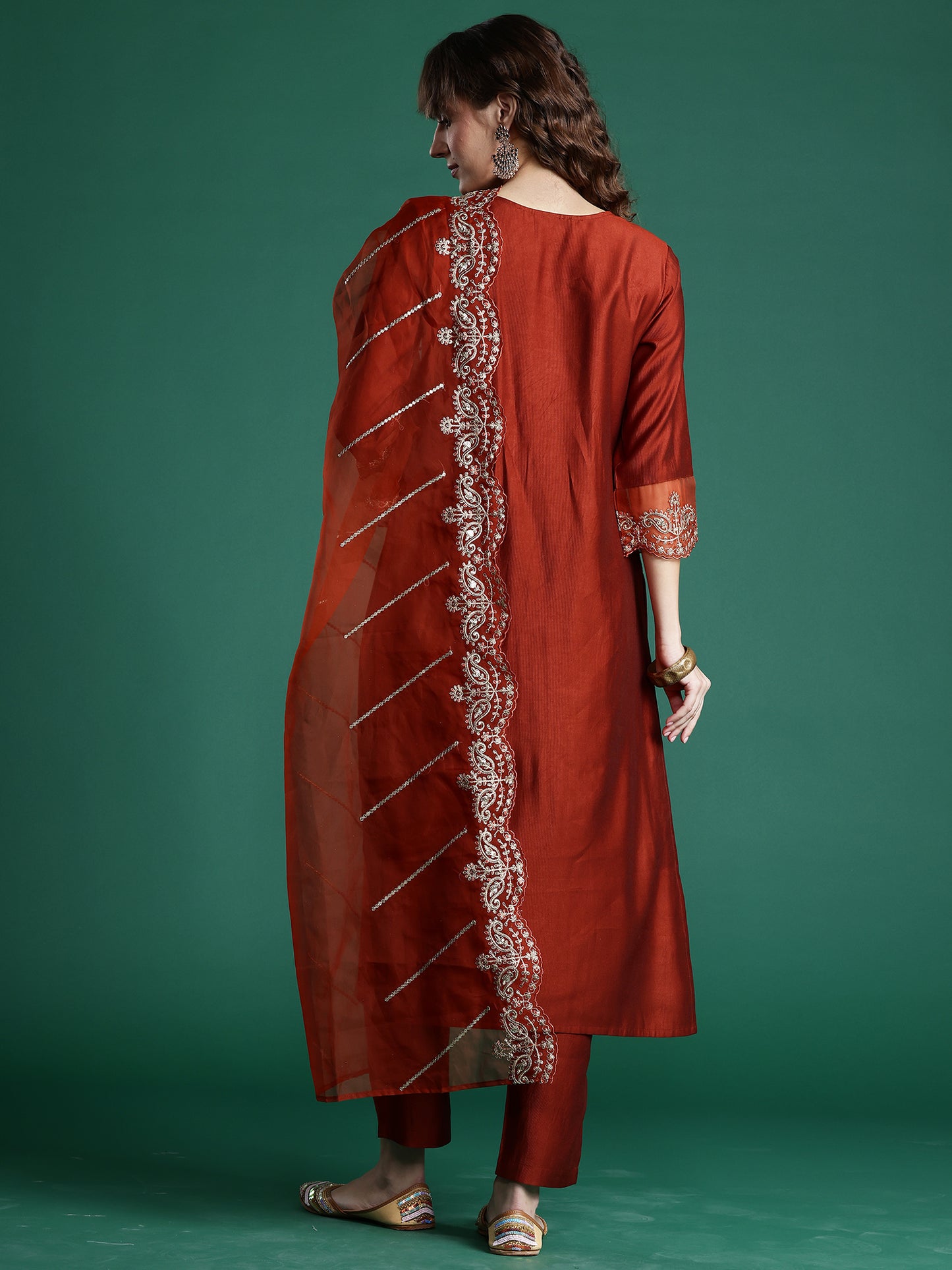 IE Rust Embroidered Straight Kurta Trousers With Dupatta set