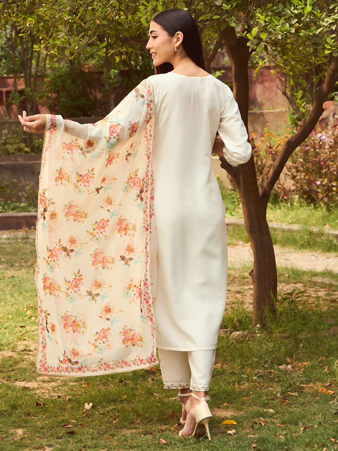 IE White Embroidered Straight Kurta Trousers With Dupatta set