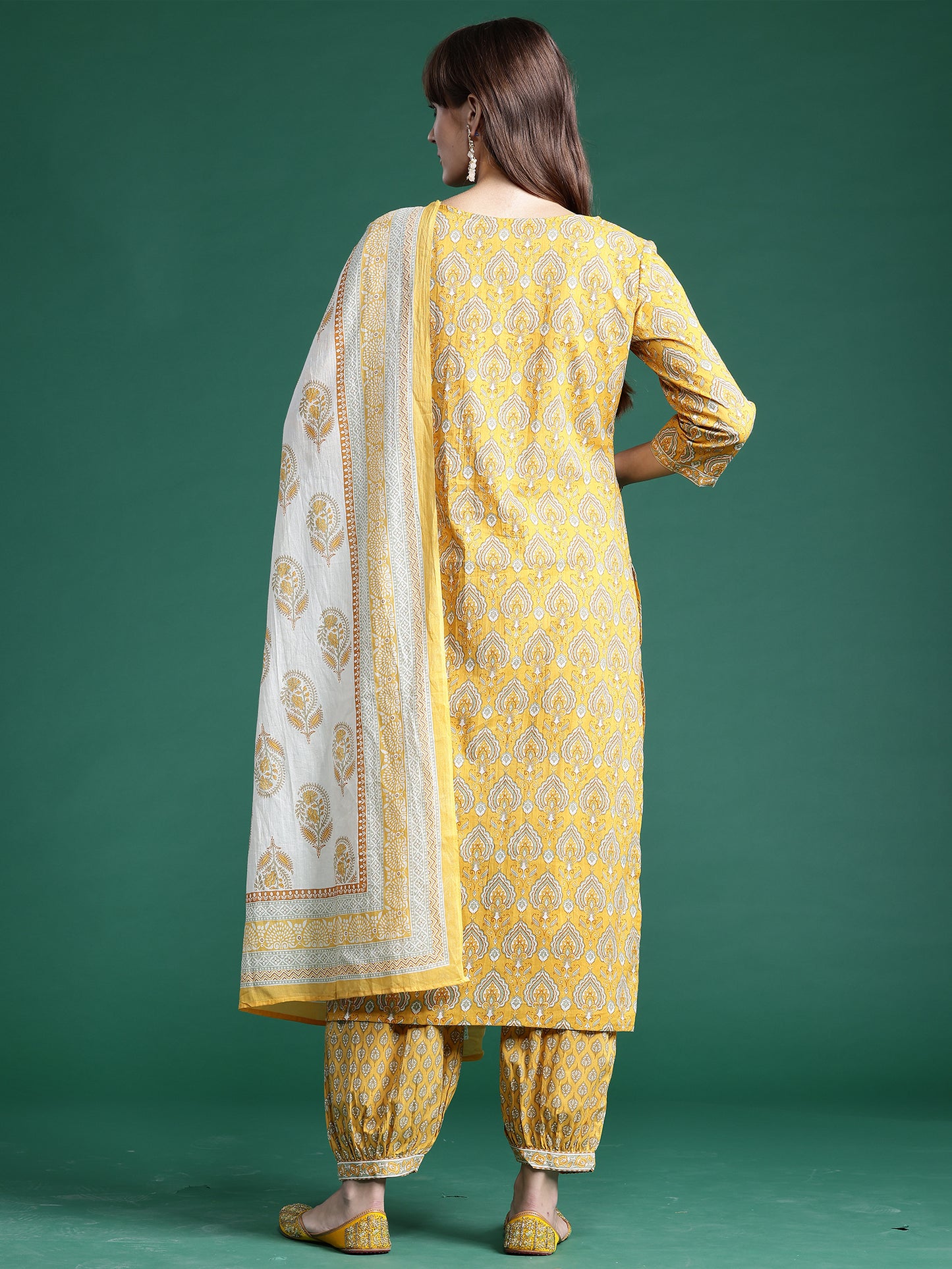 IE Yellow Printed Straight Kurta Salwar With Dupatta set