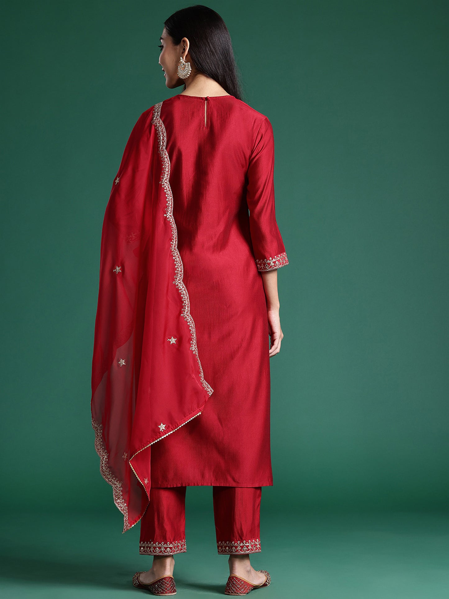 IE Red Embroidered Straight Kurta Trousers With Dupatta Set