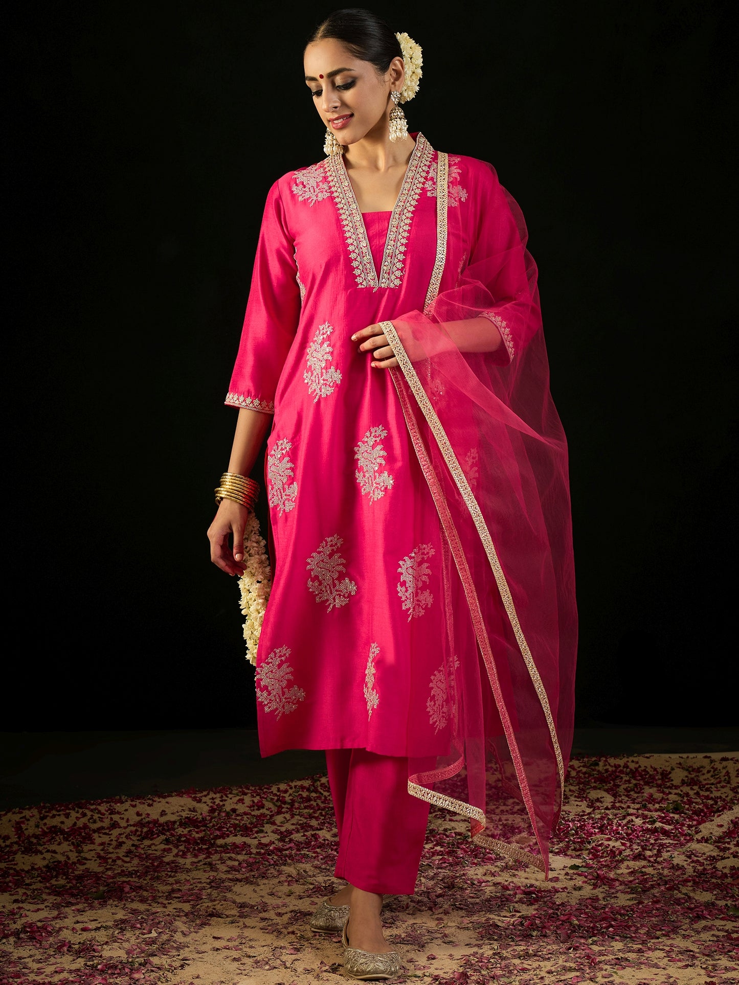 IE Magenta Embroidered Straight Kurta Trousers With Dupatta set