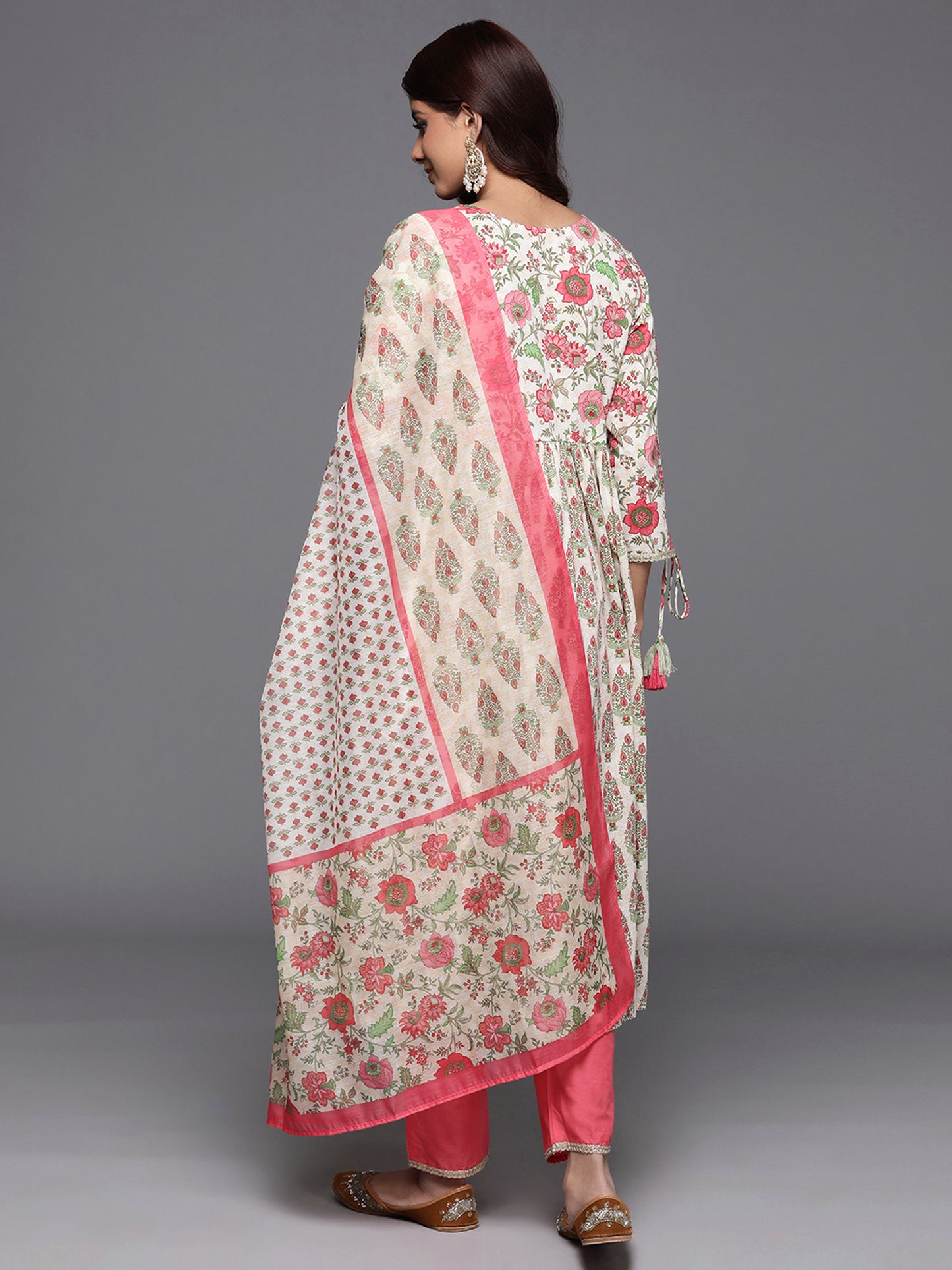 IE Off White Printed A-Line Kurta Trousers With Dupatta Set