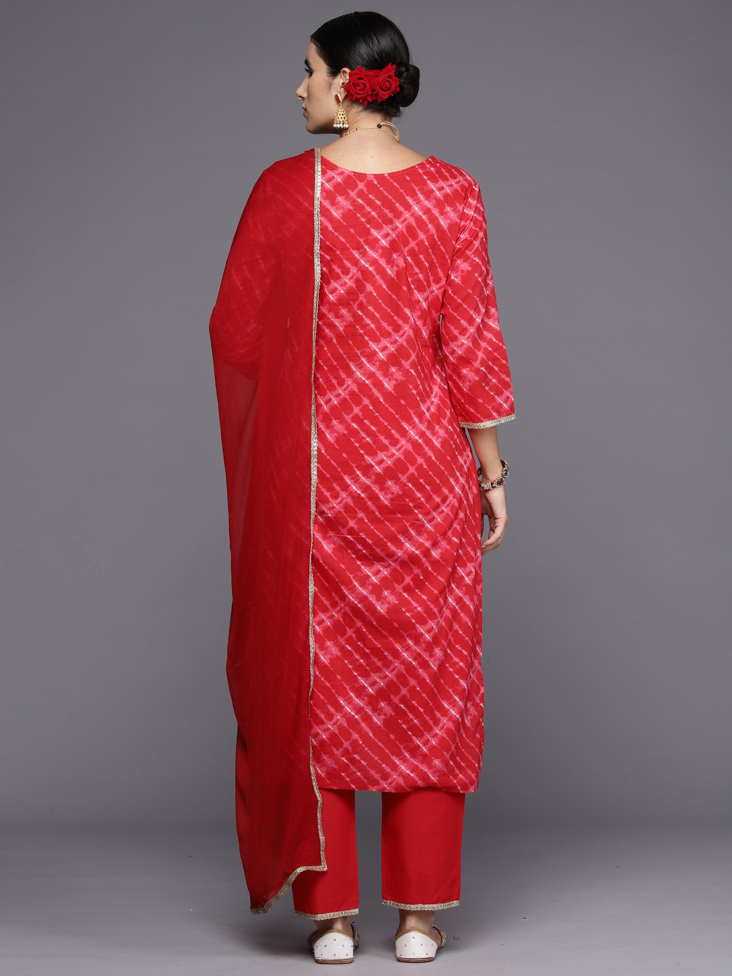 IE Red Embroidered Straight Kurta Palazzos With Dupatta Set