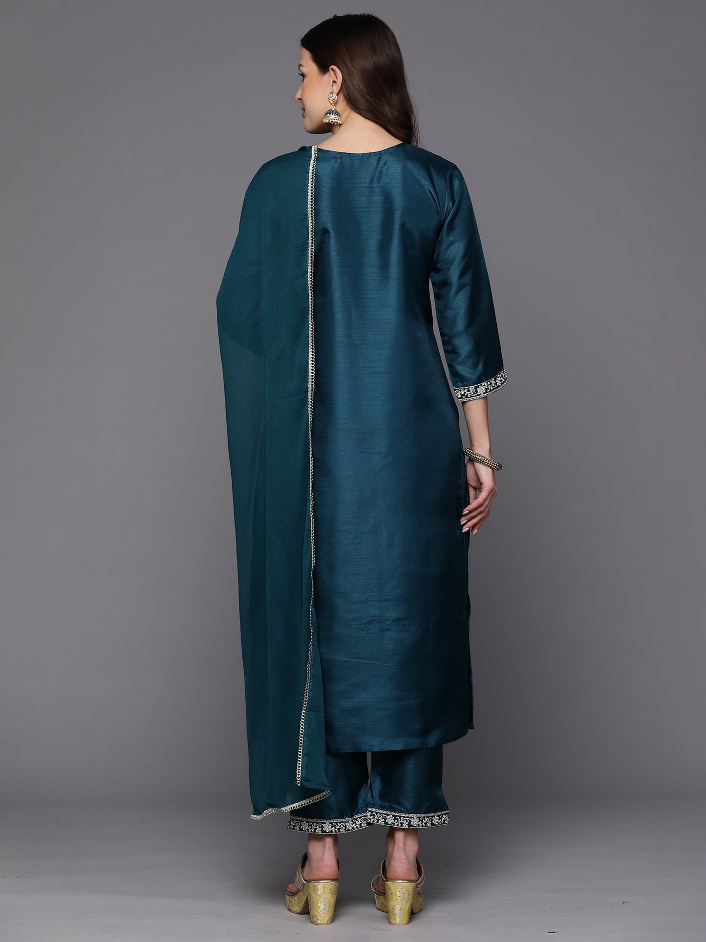 IE Teal Embroidered Straight Kurta Trousers With Dupatta Set