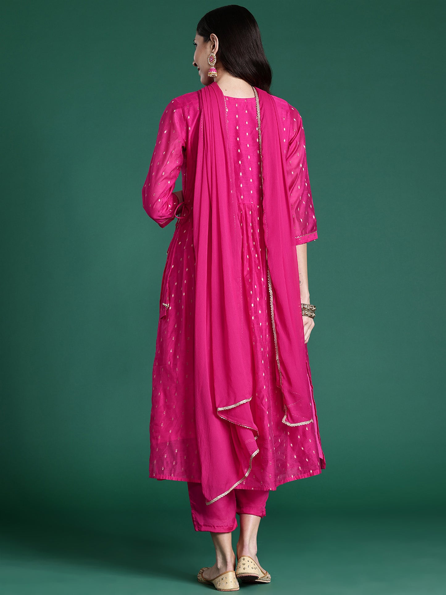 IE Pink Embroidered A-Line Kurta Trousers With Dupatta set