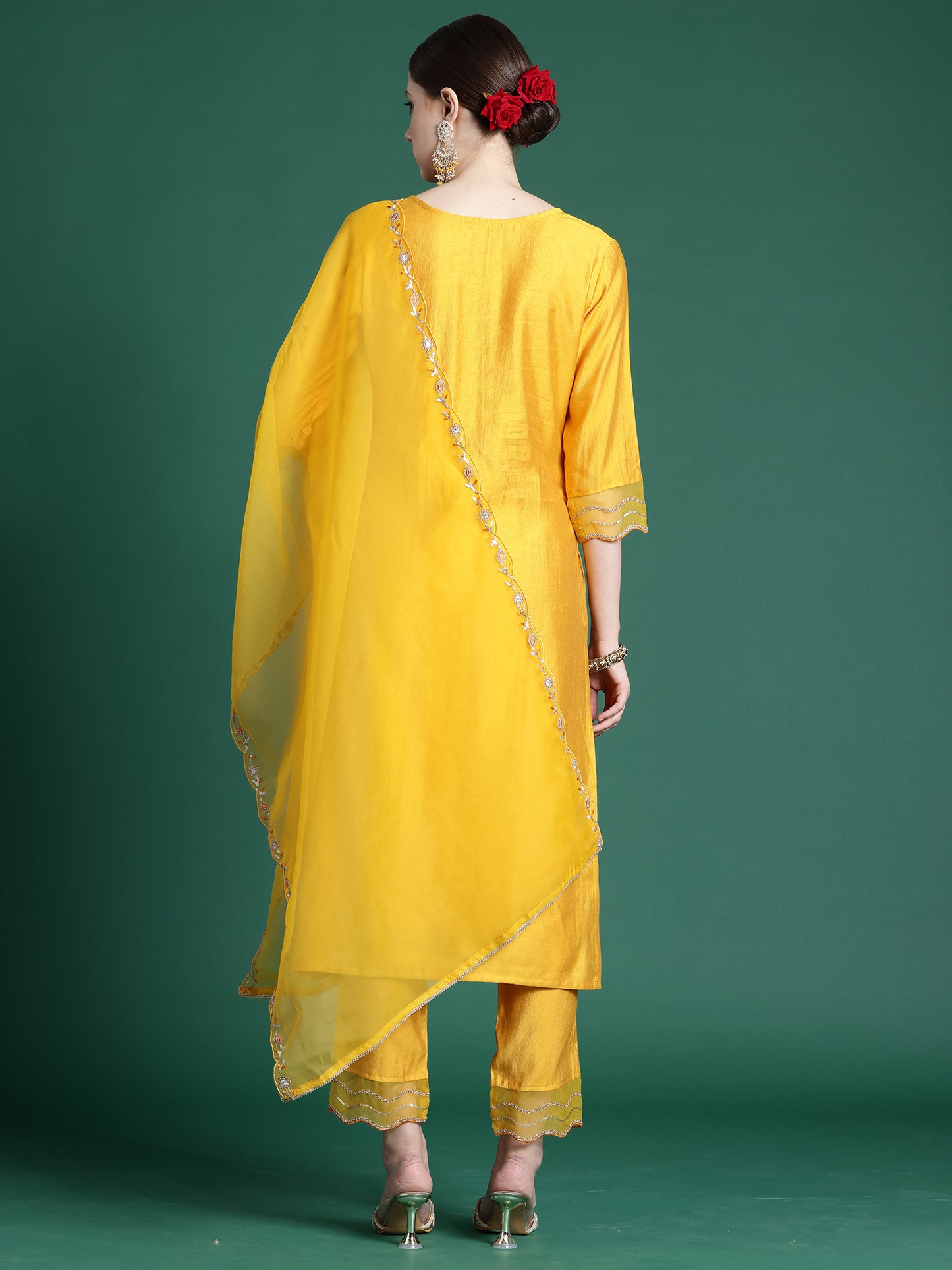 IE Yellow Embroidered Straight Kurta Trousers With Dupatta set