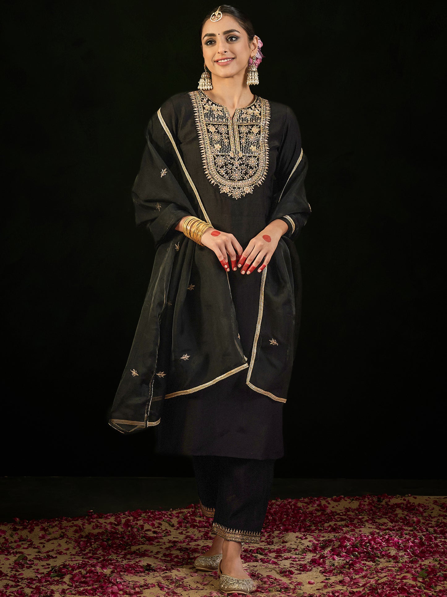 IE Black Embroidered Straight Kurta Trousers With Dupatta set