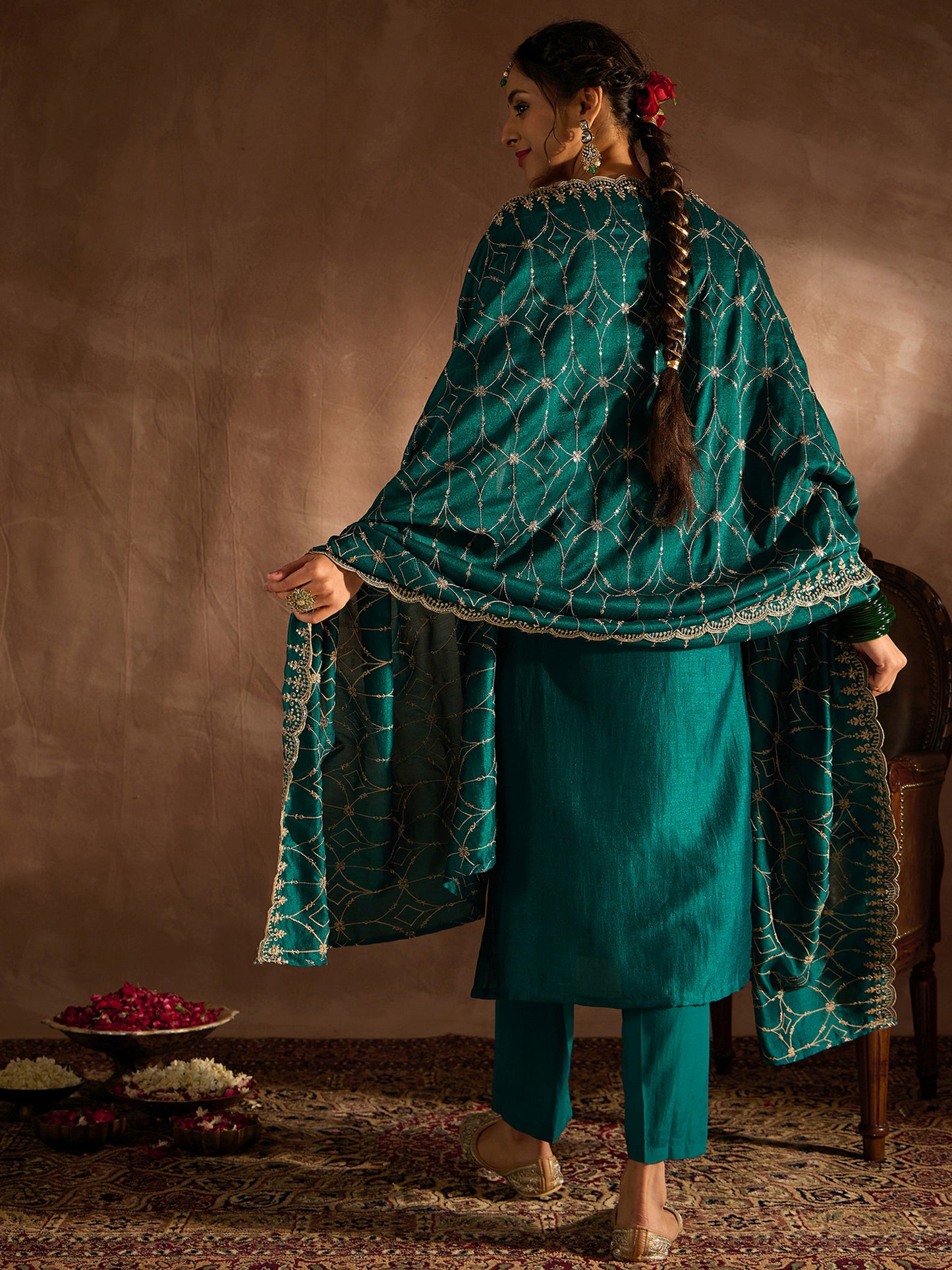 IE Sea Green Embroidered Straight Kurta Trousers With Dupatta set