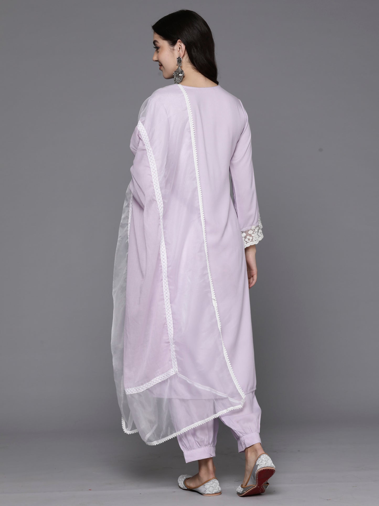 IE Lavender Embroidered Straight Kurta Salwar With Dupatta Set