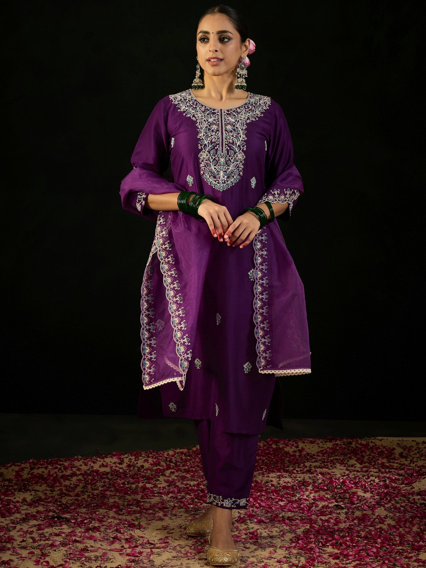 IE Purple Embroidered Straight Kurta Trousers With Dupatta set