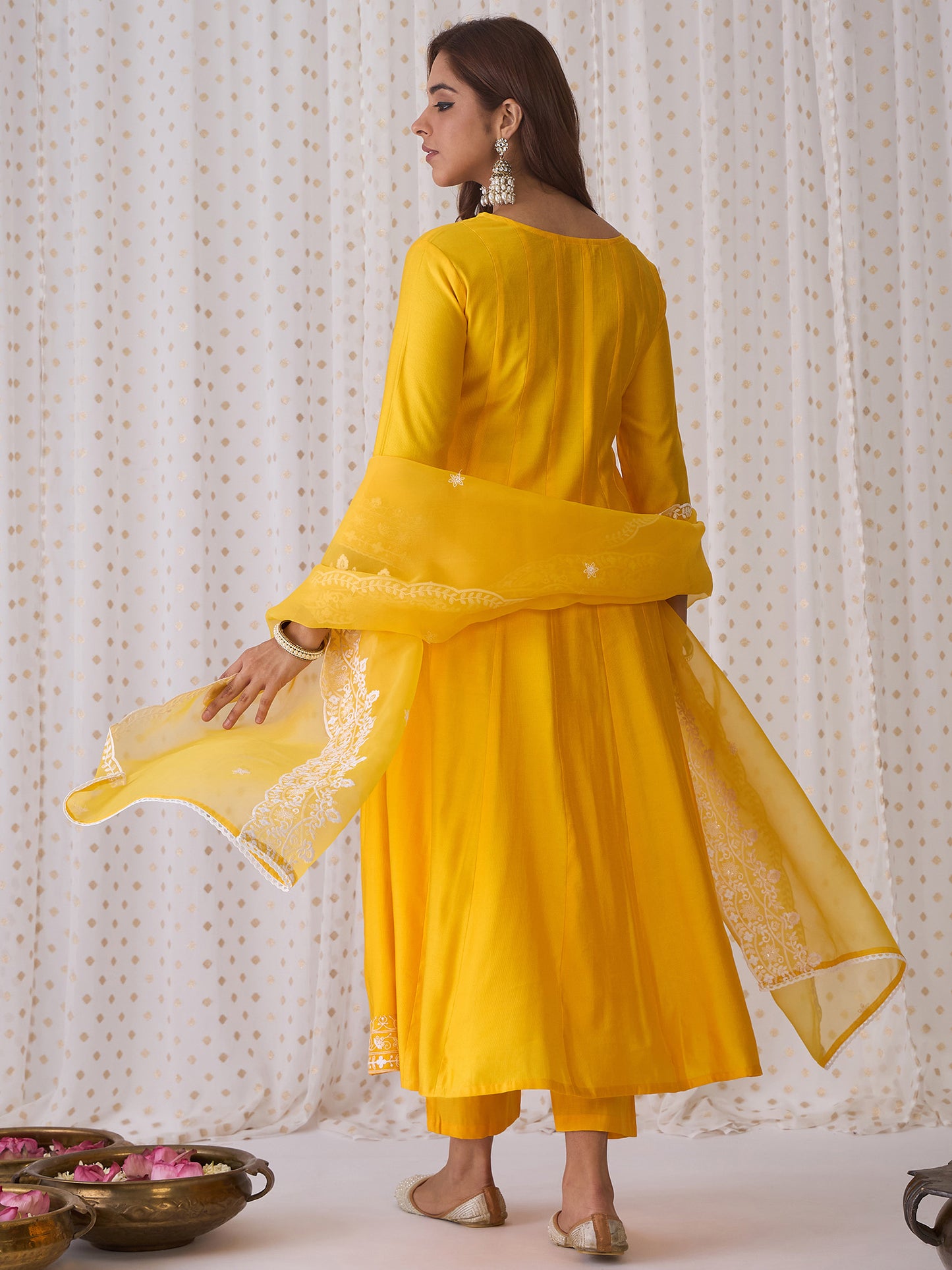 IE Yellow Embroidered Anarkali Kurta Trousers With Dupatta Set