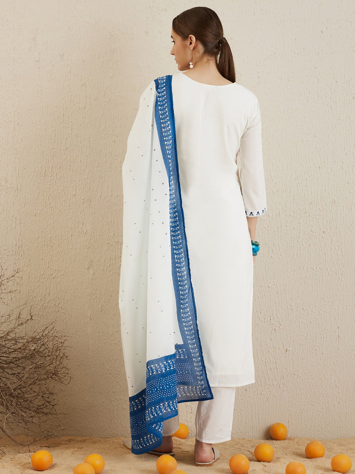 IE Off White Embroidered Straight Kurta Trousers With Dupatta set