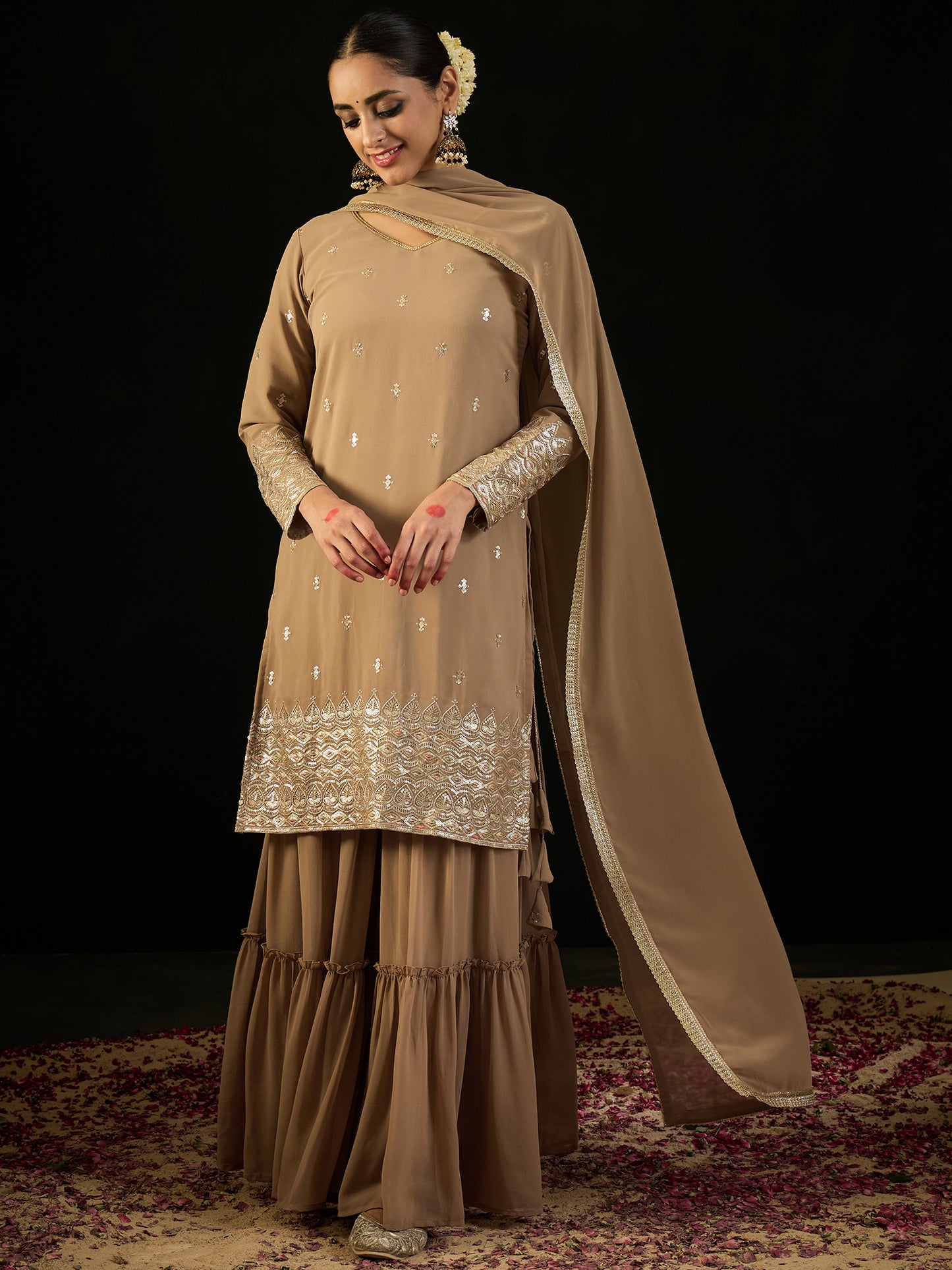 IE Beige Embroidered Straight Kurta Sharara With Dupatta set