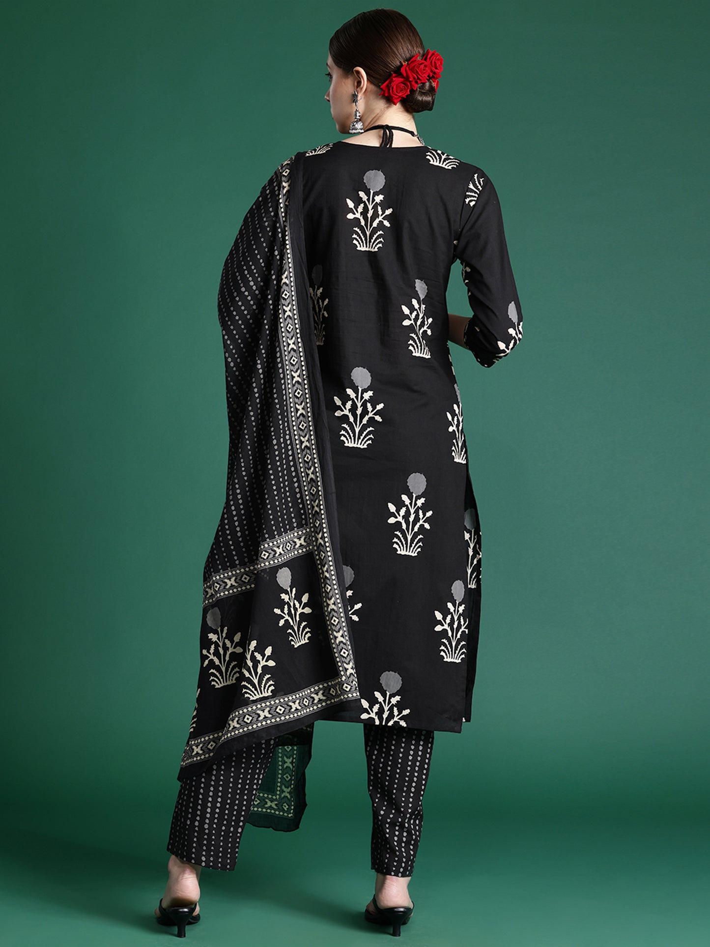 IE Black Printed Straight Kurta Trousers With Dupatta set