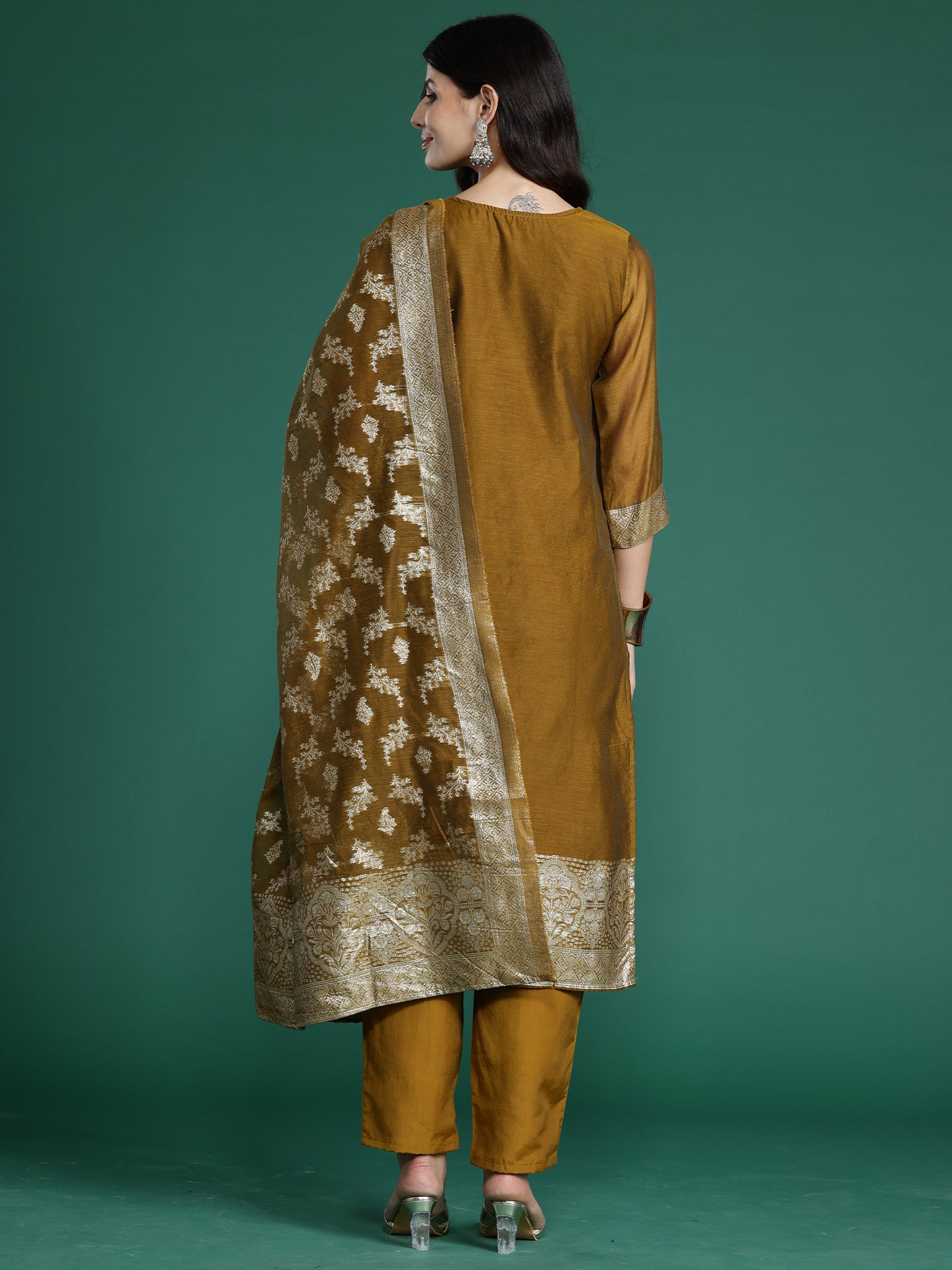 IE Mustard Woven Design Straight Kurta Trousers With Dupatta  Set