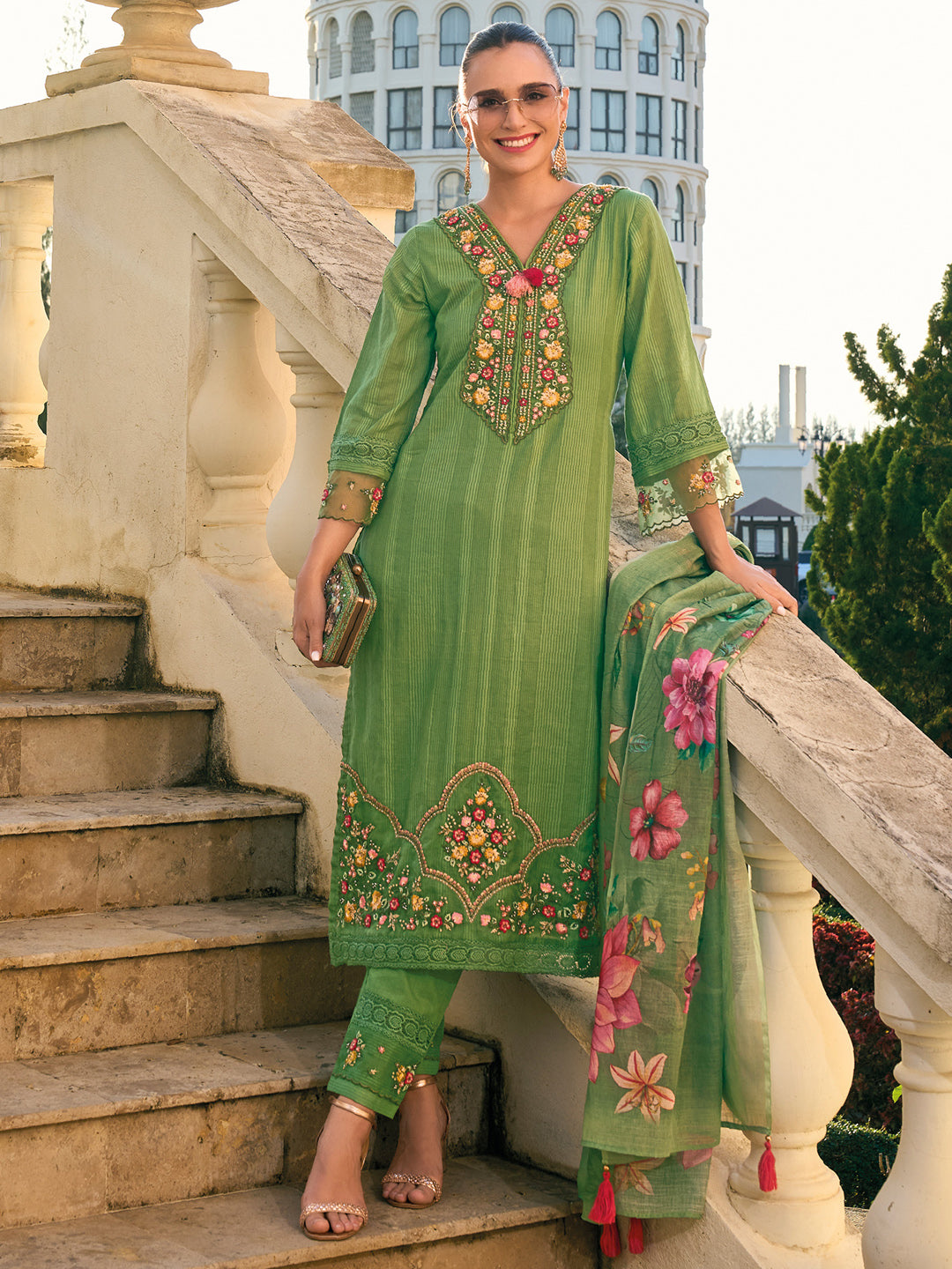 IE Green Embroidered Straight Kurta Trousers With Dupatta set