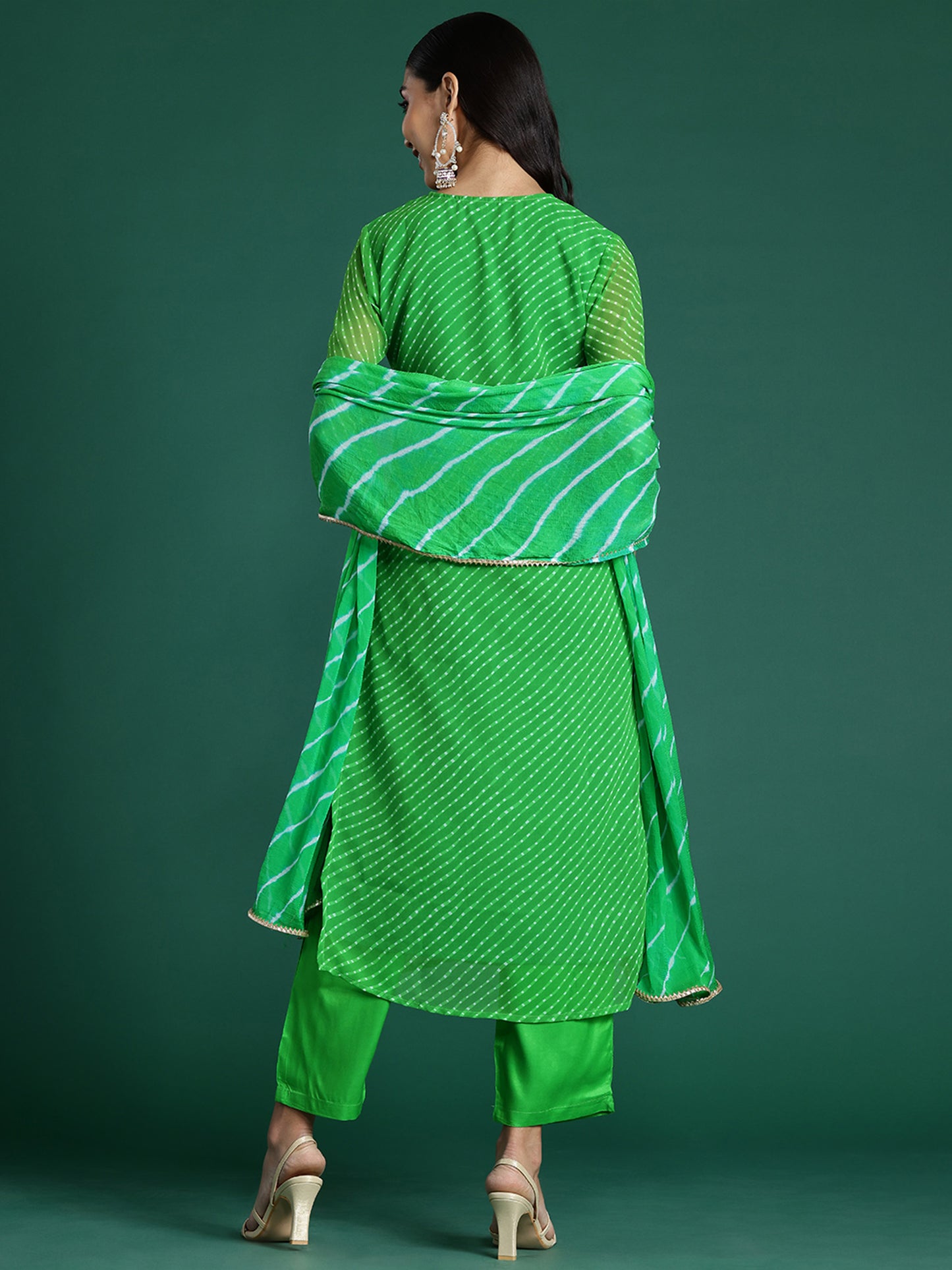 IE Green Printed Straight Kurta Trousers With Dupatta set