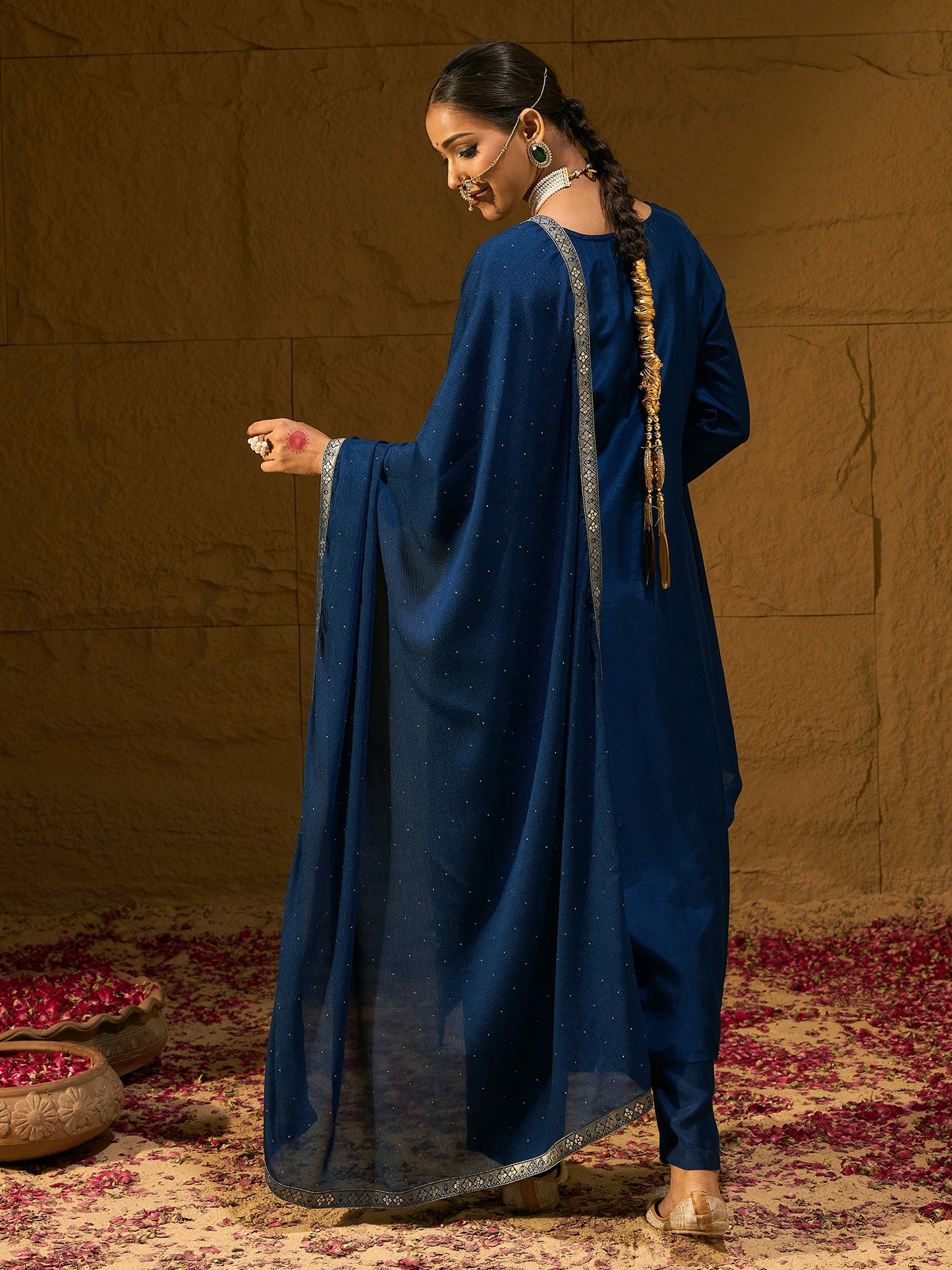 IE Blue Embroidered Straight Kurta Trousers With Dupatta set