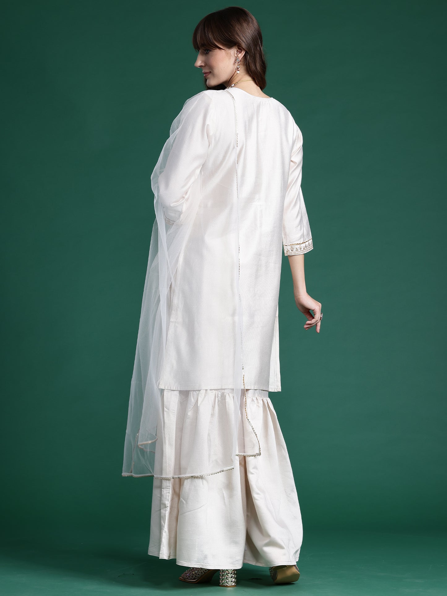 IE Off White Embroidered Straight Kurta Sharara With Dupatta  Set