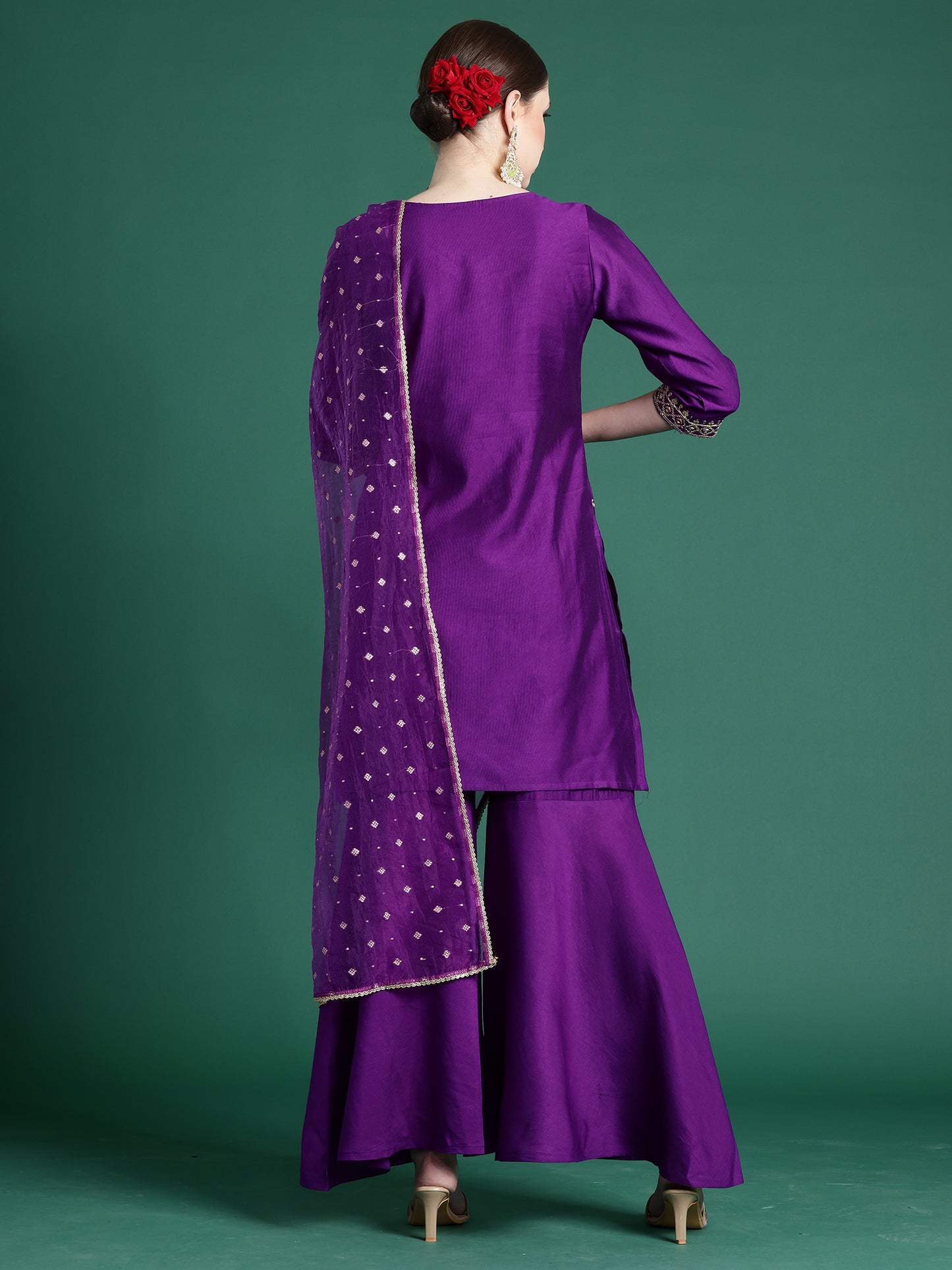 IE Purple Embroidered Straight Kurta Sharara With Dupatta set