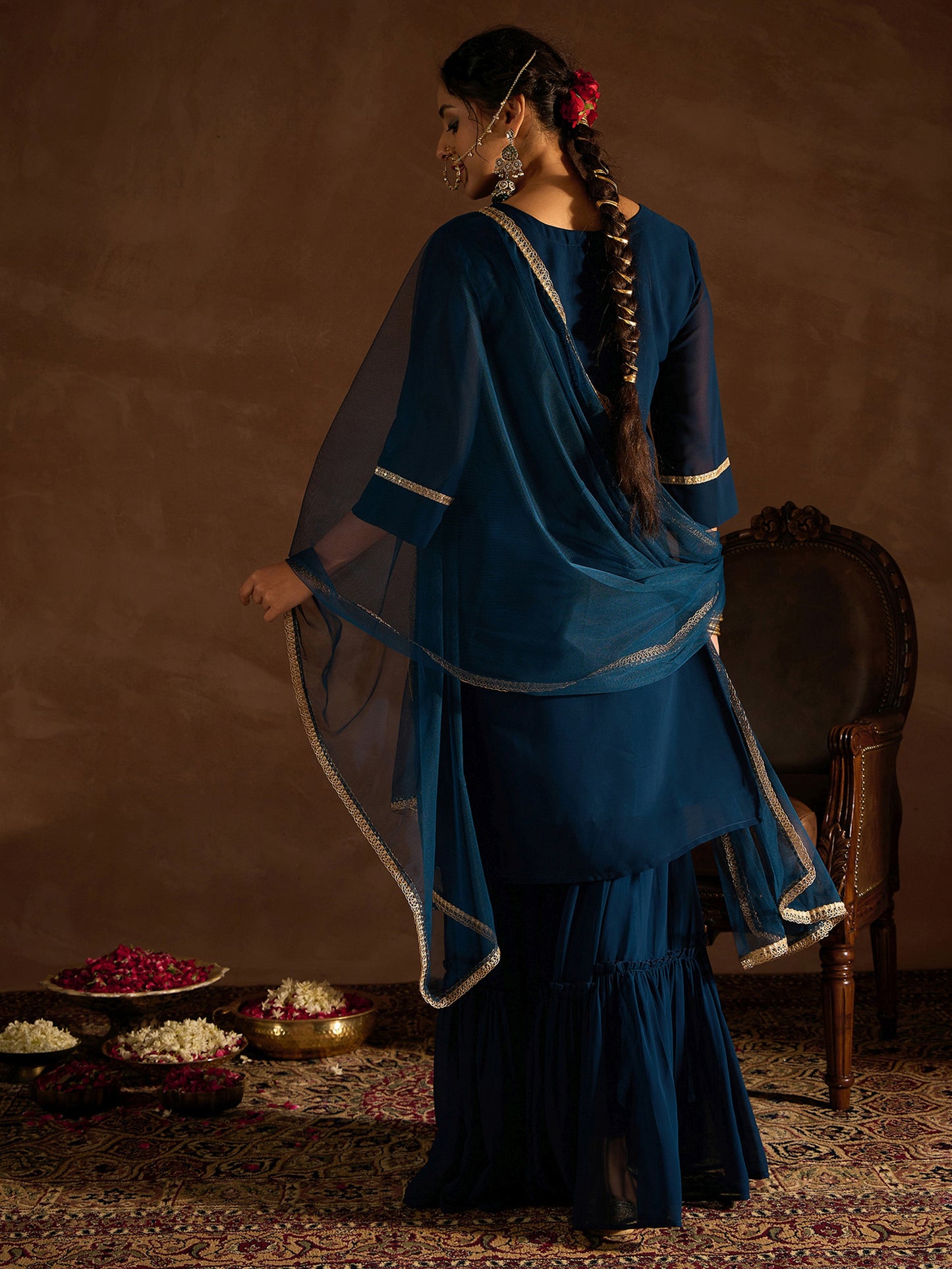 IE Teal Embroidered Straight Kurta Sharara With Dupatta set