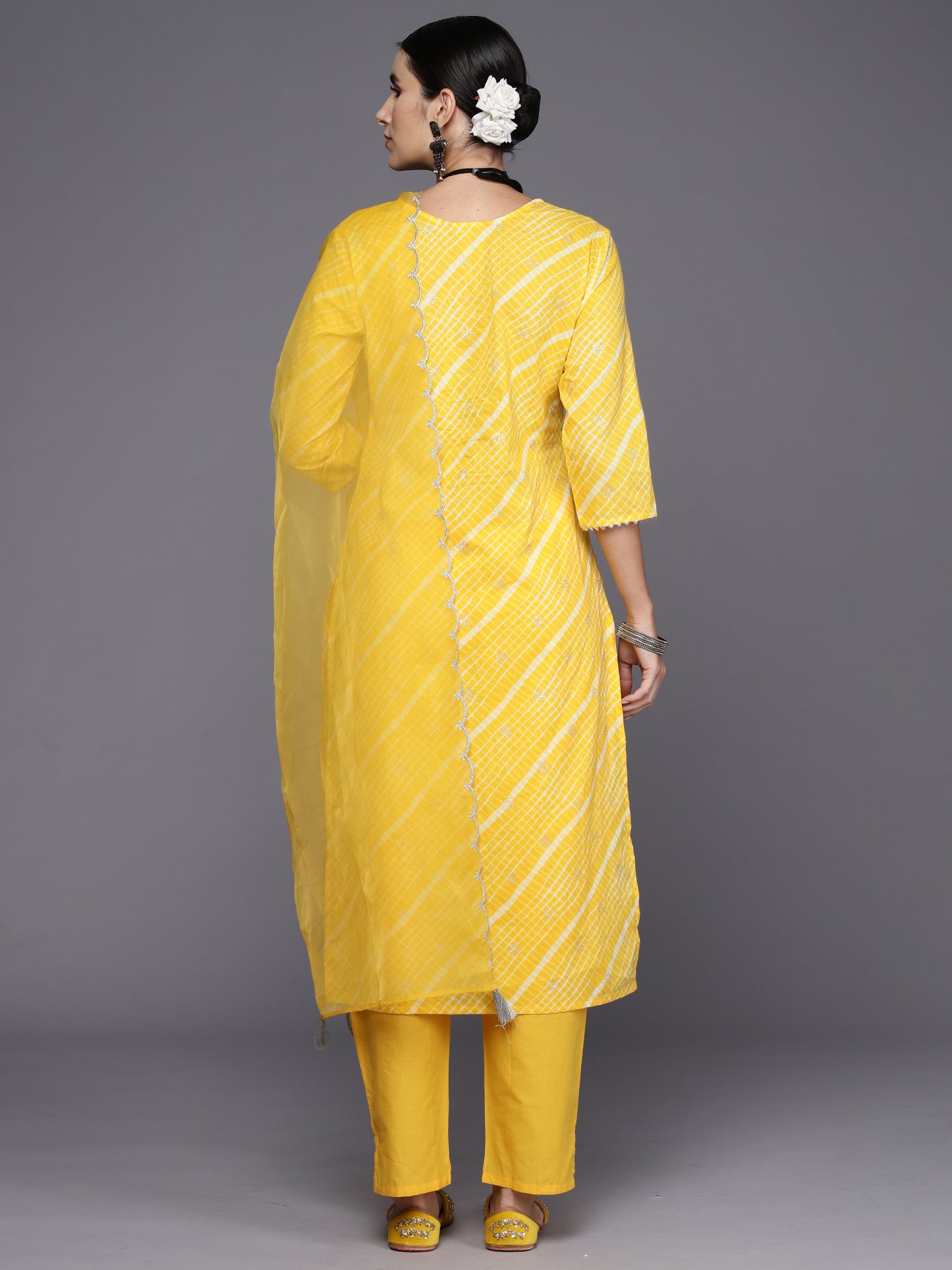 IE Yellow Embroidered Straight Kurta Trousers With Dupatta Set