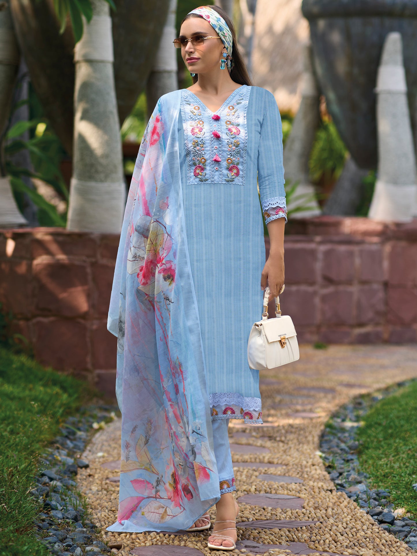 IE Blue Embroidered Straight Kurta Trousers With Dupatta set