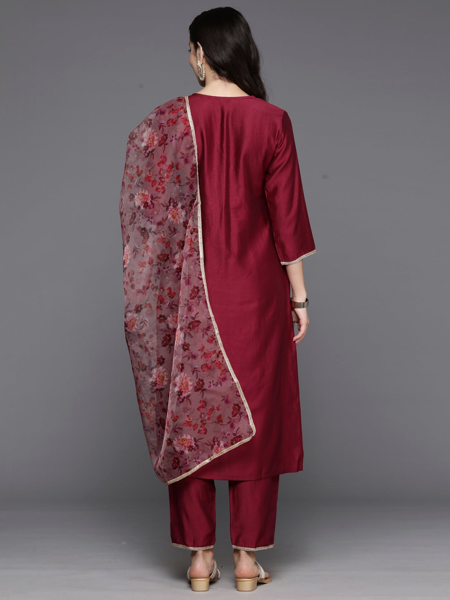 IE Burgundy Embroidered Straight Kurta Trousers With Dupatta Set