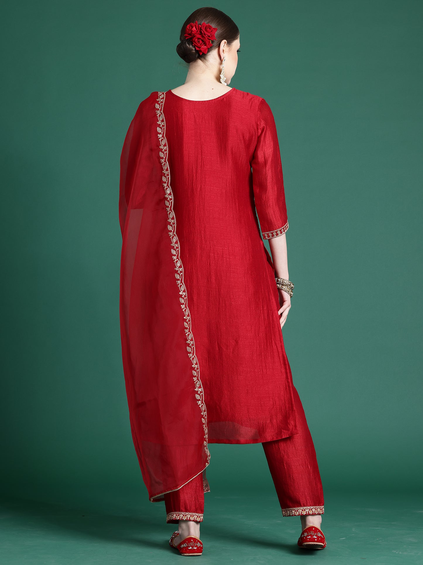 IE Red Embroidered Straight Kurta Palazzos With Dupatta set